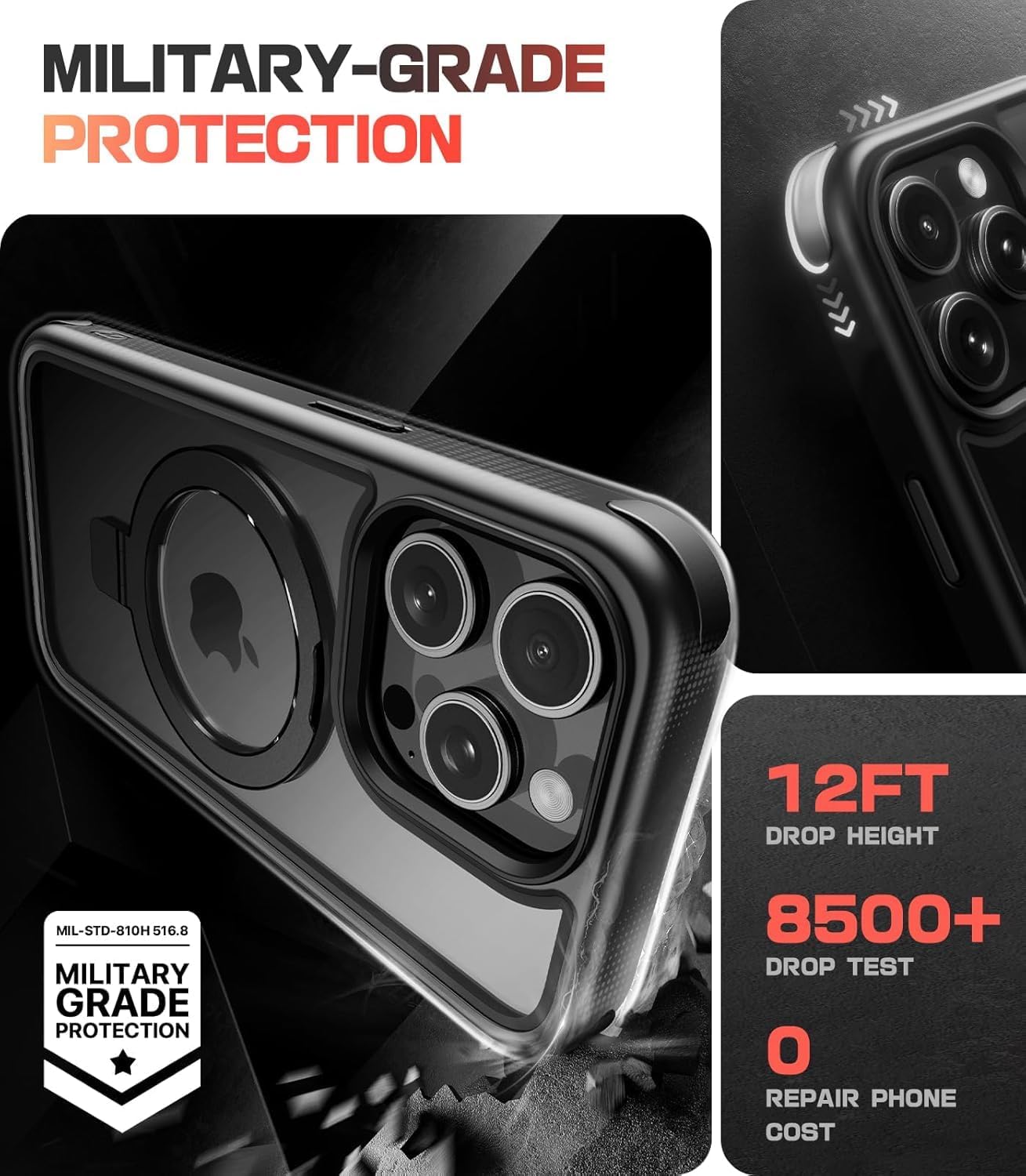 Mobnano for iPhone 15 Pro Max Case with Stand, Compatible with MagSafe, Crystal Clear Back, Military-Grade Protection, Magnetic Ring Holder Protective Bumpers, Non-Yellowing Kickstand Case - Black