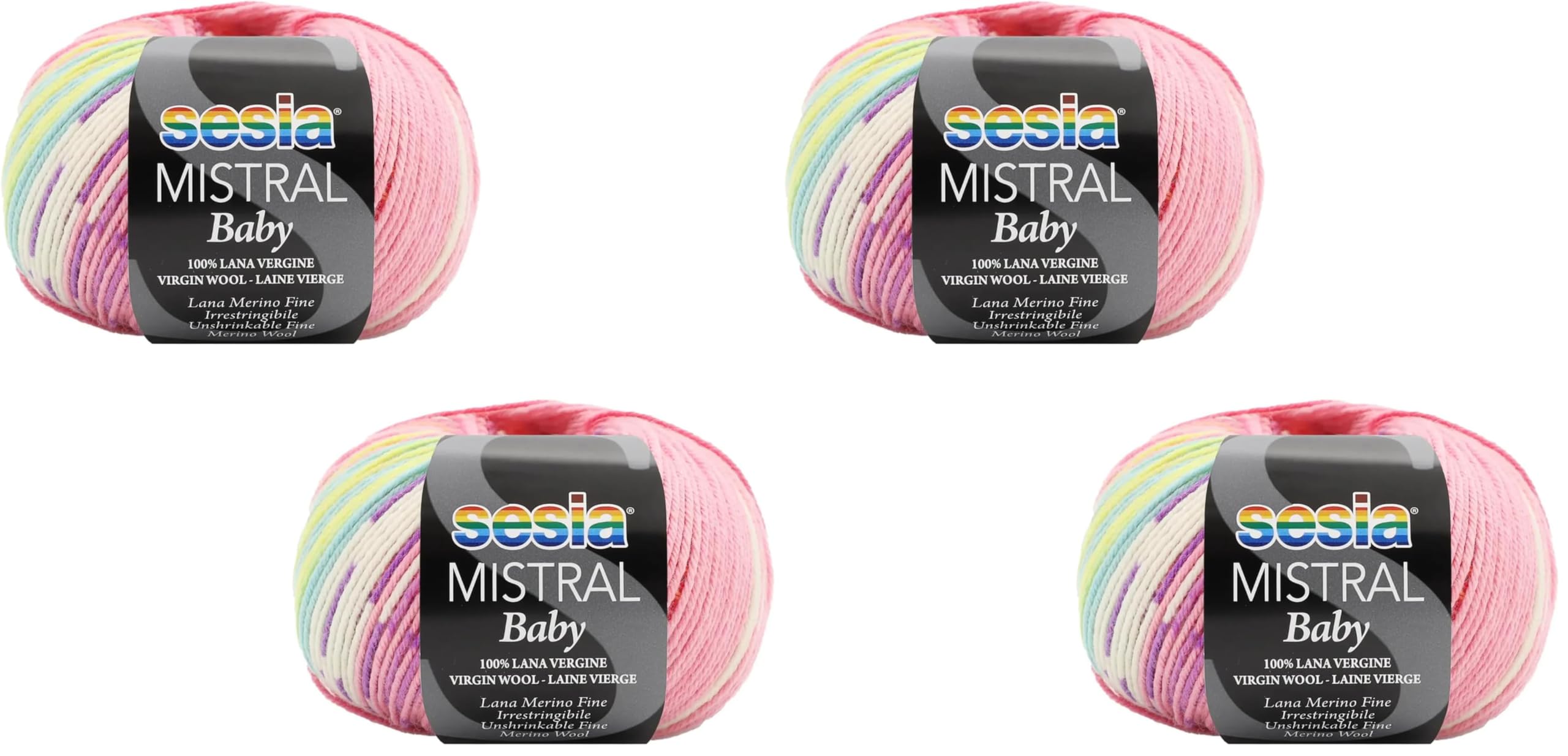 2 Gomitoli 100% Lana Merino Fine Irrestringibile, Sesia Mistral Baby, 100 gr. 350 mt (Fantasia - 444, 2) (Confezione da 2)