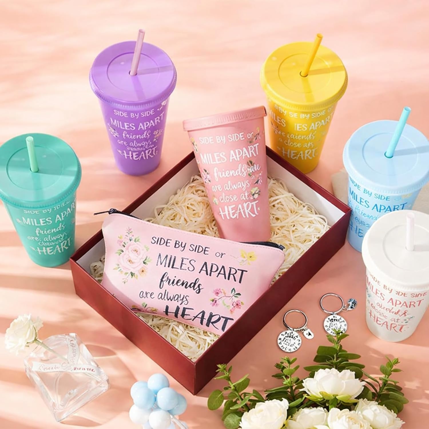 Hollowfly 6 Sets / 18 Pcs Best Friend Gift Bundle for Women, Mother's Day & Graduation Appreciation Gifts with Cups, Makeup Bags & Keychains for Friends, Bffs, Girls, Soul Sister(Soft Colors)