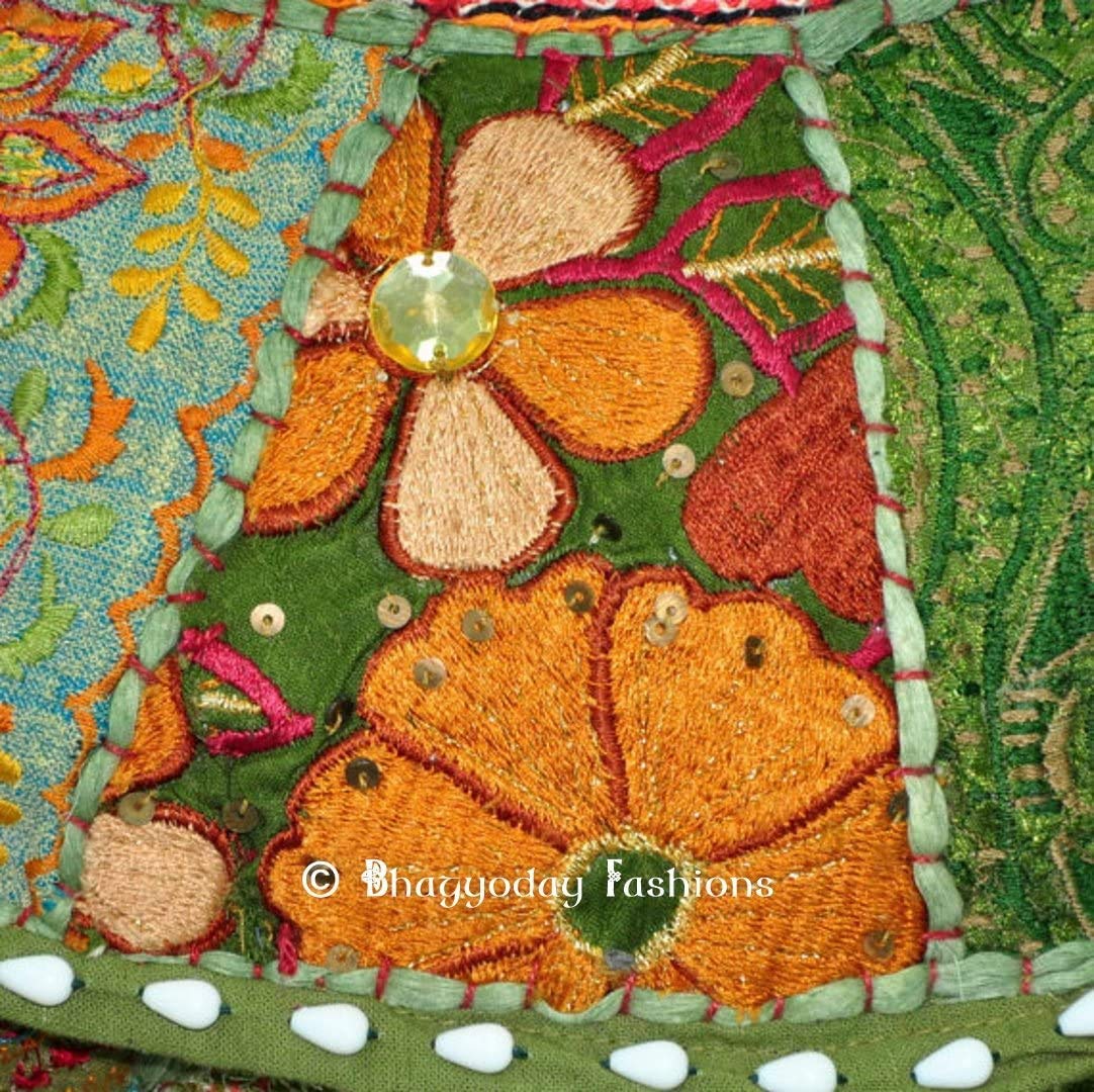 Sophia-Art Indian Embroidered Patchwork Cover Indian Decorative Pouf Indian Comfortable Floor Cotton Cushion Ottoman Pouf,Indian Designs Ethnic Patchwork Pouf (Light Green, 14"x22") 1