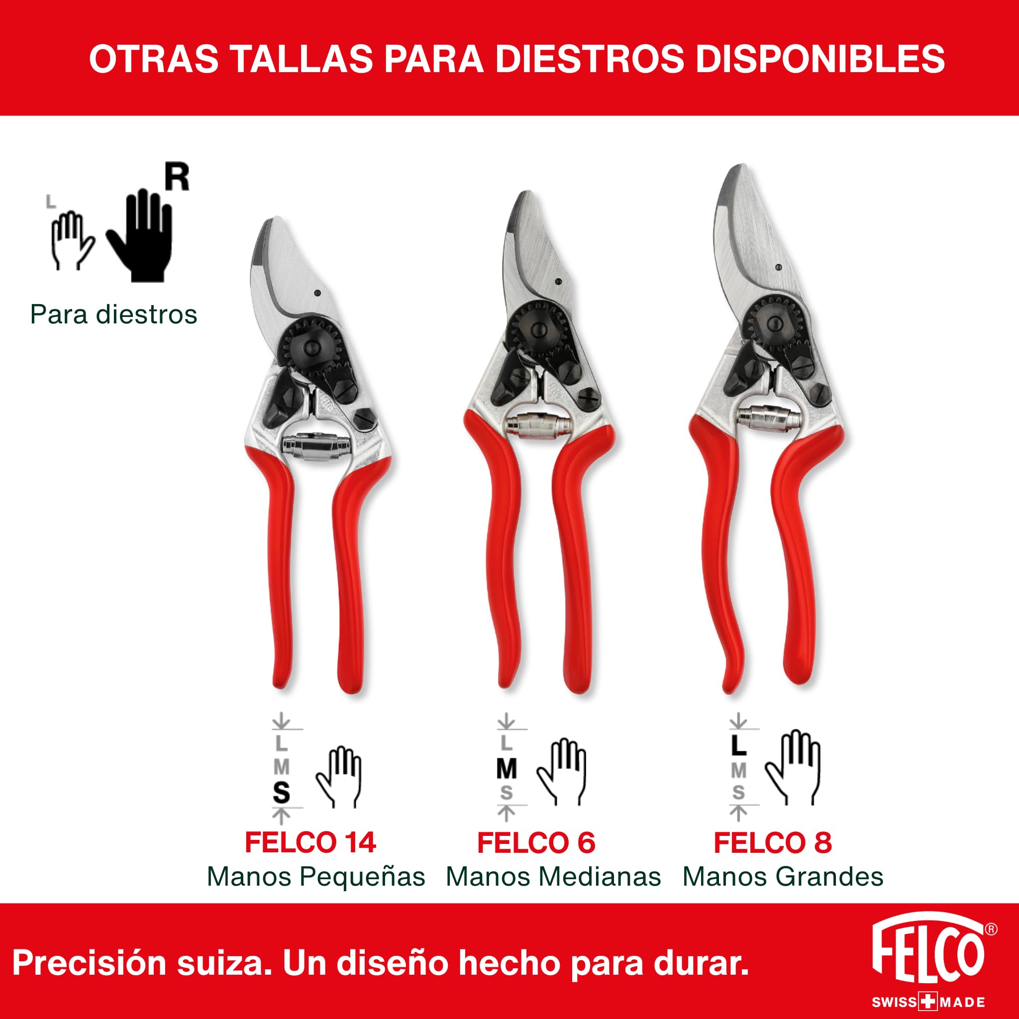 FELCO 2 tijera bypass profesional para diestros, hoja de acero templado 41 mm, mangos de aluminio forjado, corte limpio hasta 25 mm, herramienta suiza robusta