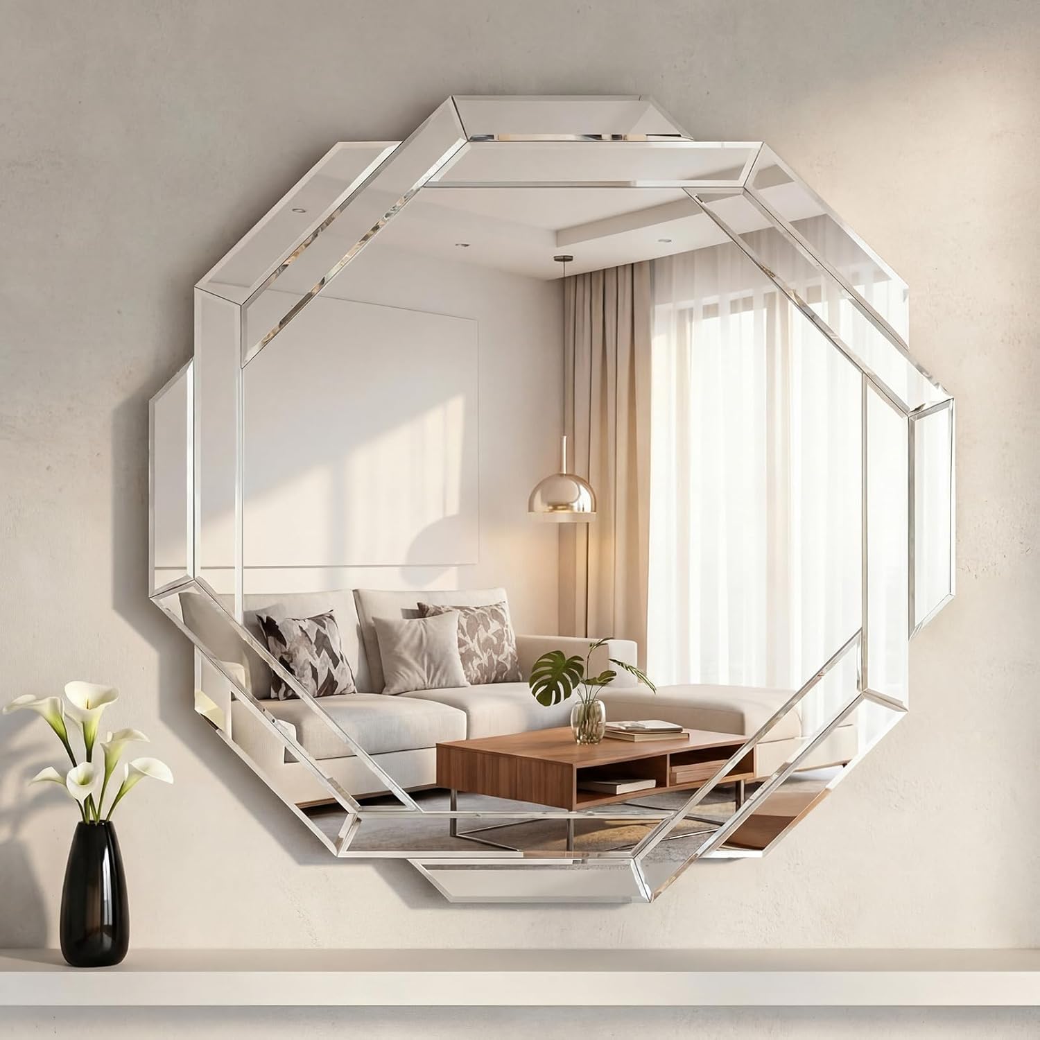 Vercraft Bathroom Mirror Decorative Beveled Edge Frameless Mirror Wall Mirrors Hexagon Silver Polished for Wall Bathroom Vanity Room Bedroom Living Room and Enter Way (20"×20")