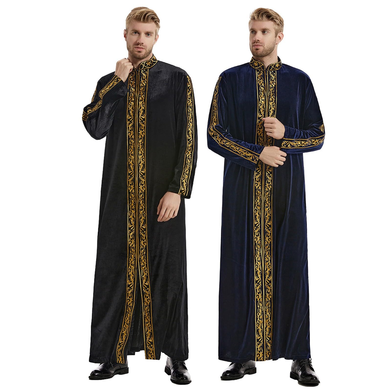 Ramadan Caftano Uomo Oro Velluto Abiti Musulmani Abaya Arabo Thobe Manica Lunga Tunica Musulmano Ricamo Islamico Robe Dubai Vestiti Sauditi Medio Oriente Abbigliamento da preghiera