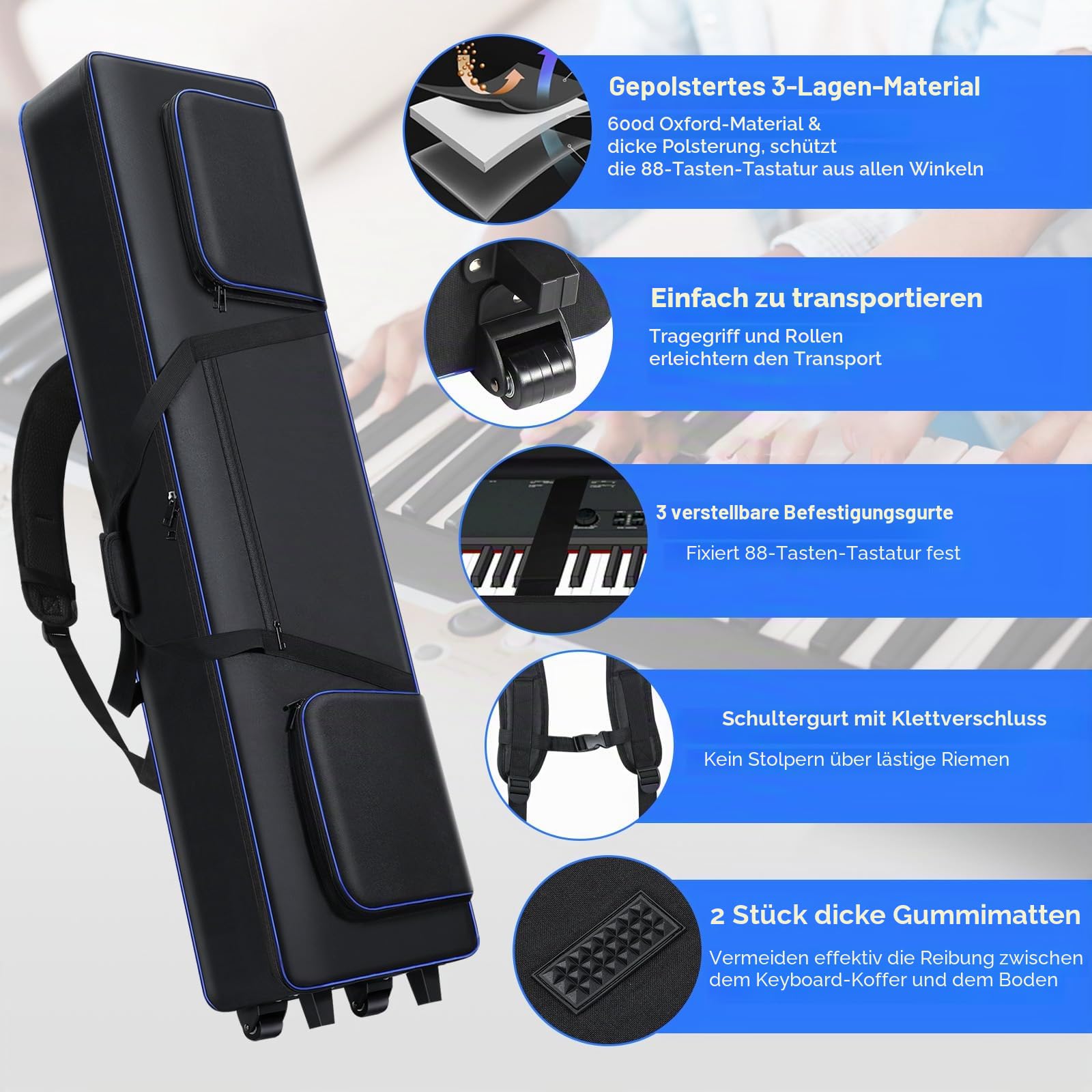 Rollende Keyboard-Tasche mit 88 Tasten und Rollen (135,9 x 35,1 x 17,3 cm), Klaviertasche mit Griffen und Schultergurten, kompatibel mit Yamaha P125 und den meisten 88-Tasten-Keyboard-Piano-Gig-Case