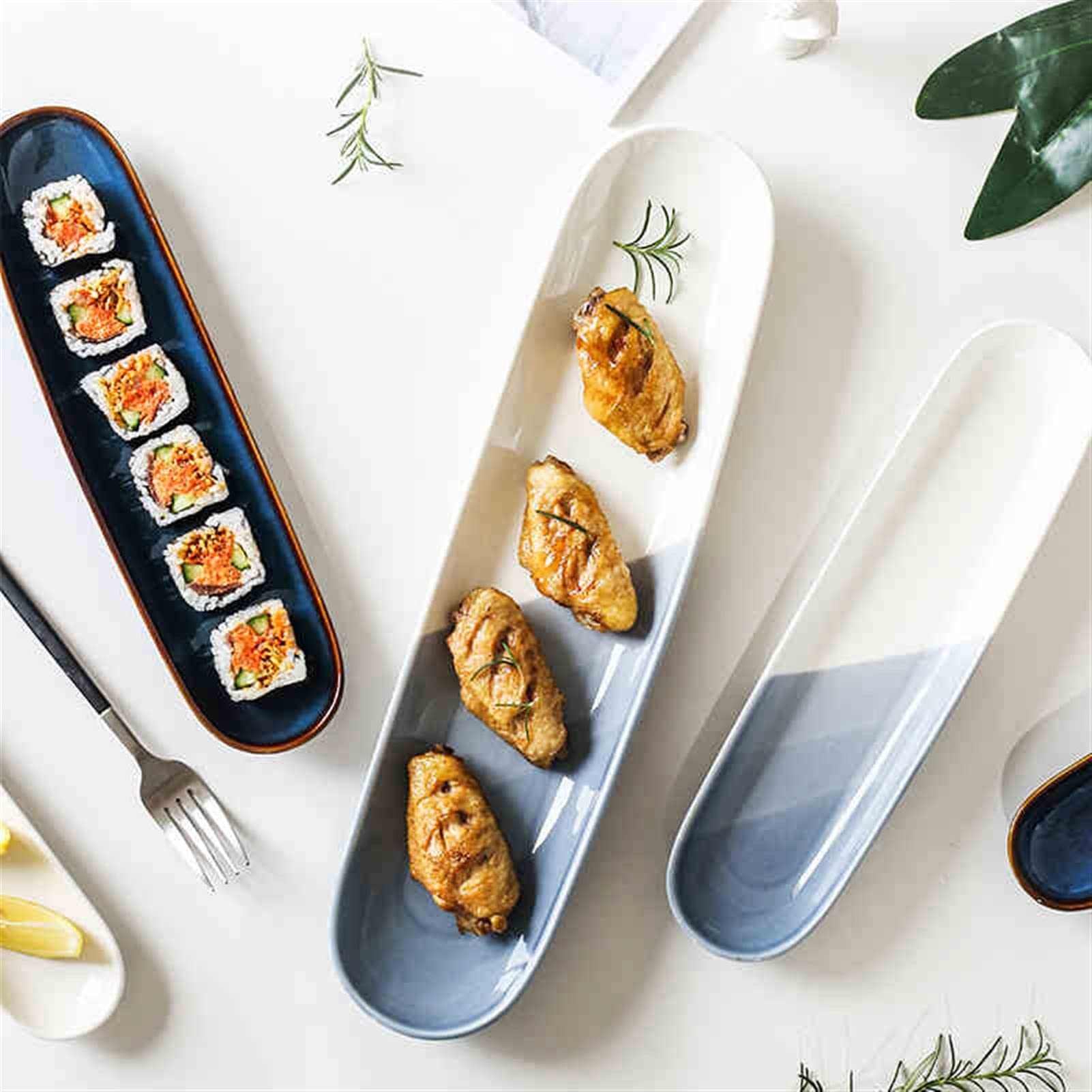 Platos Llanos Platos rectangulares de cerámica for sushi, plato de cocina de porcelana ovalada japonesa, plato largo grande de 15,7 pulgadas, apto for microondas/lavavajillas Platos postre(A)
