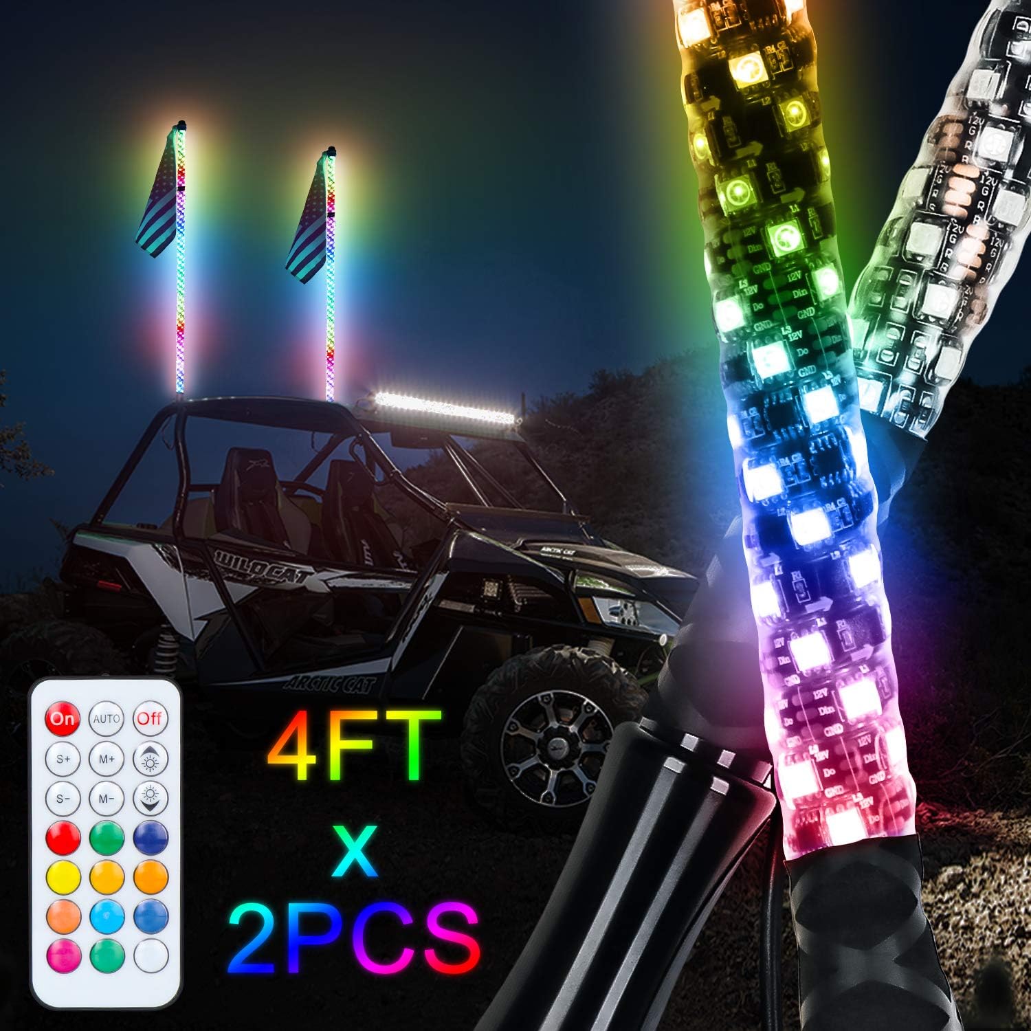 Aaiwa 2pcs 4ft LED Whip Lights, Spiral Light Whips RGB Dancing/Chasing Light for UTV ATV Polaris RZR 4 Wheeler Buggy Dune, Wireless Remote LED Antenna Whips with Flag