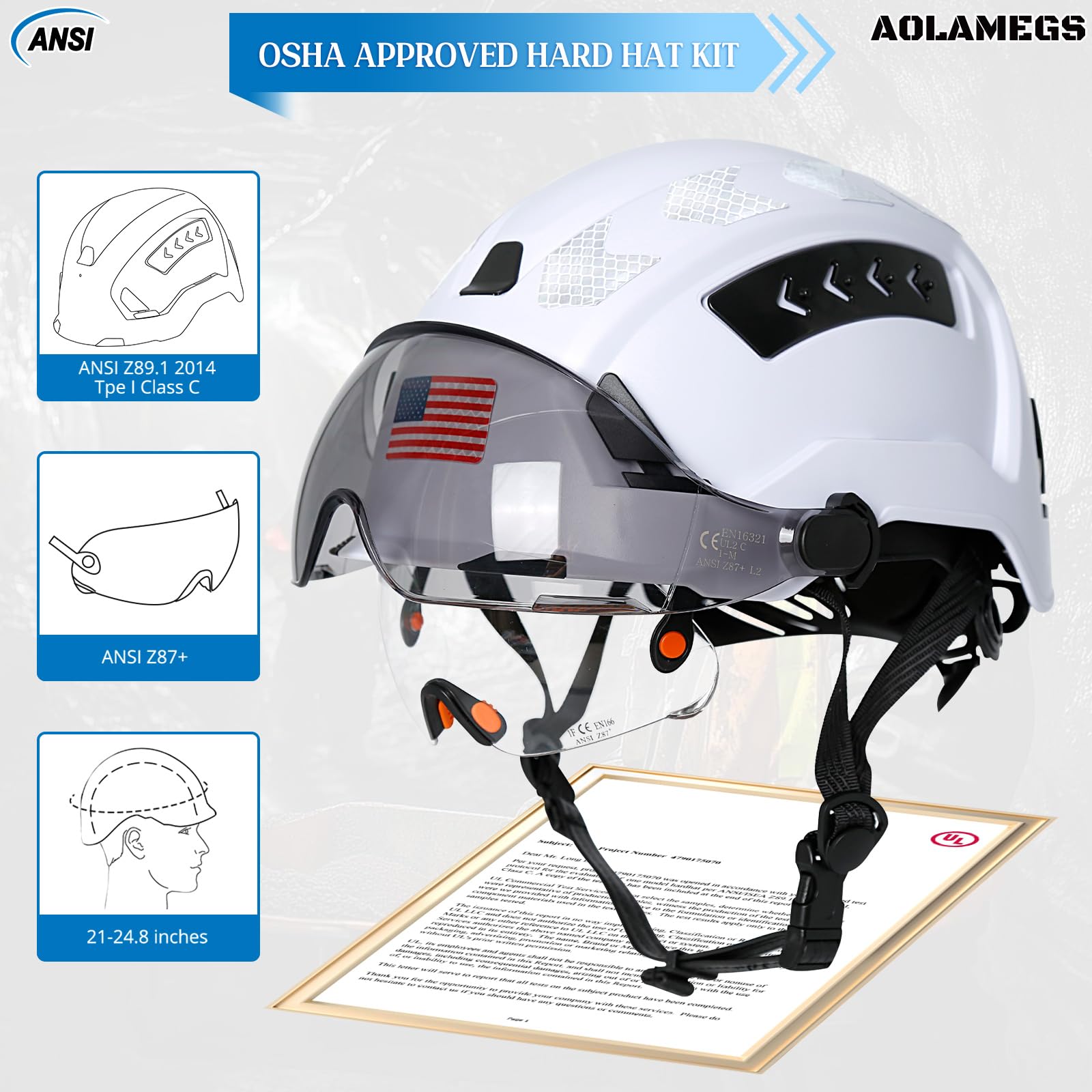 Aolamegs White Hard Hats Construction OSHA Approved with Visor-Safety Helmet Hard Hat with Chin Strap,Vented Hardhat with Visor and Sunglasses,Forestry,Arborist Helmet with Face Shield