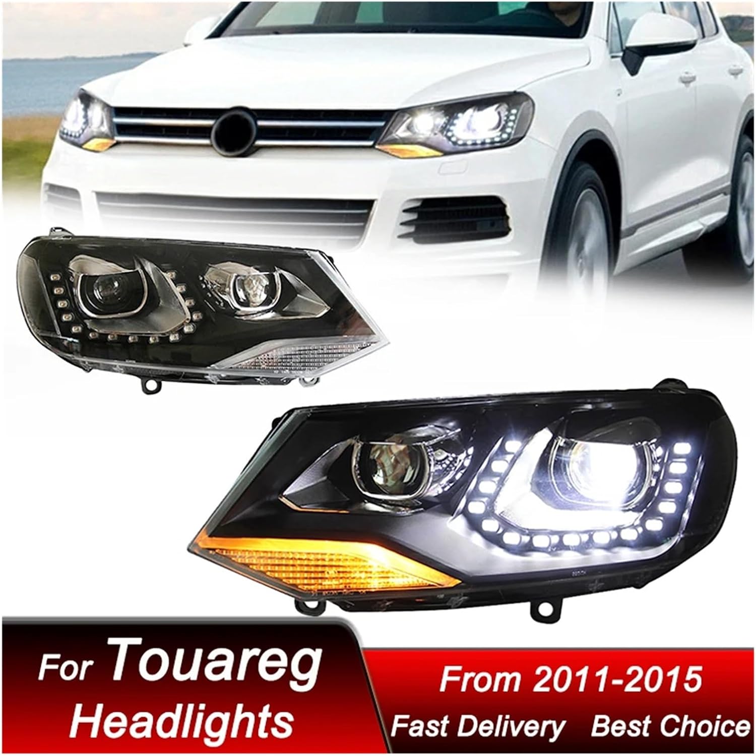 Car Headlights Assembly Compatible With VW Touareg 11-15 high style LED Upgrade High Configure Projector Lens Accessories Kit(Without bulb)