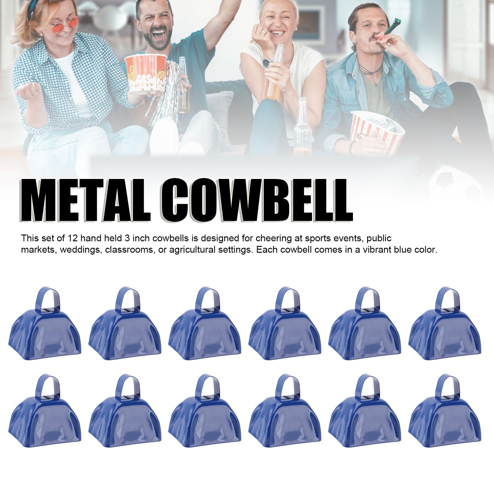 12 Stück Kuhglocken, 7,6 cm, Blaue Handpercussion-Kuhglocken aus Metall für Sportjubel und Feiern, Kleine Krachmacher mit Griffen