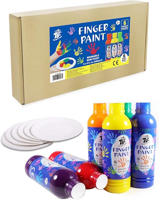 TBC Washable Finger Paints for Kids DIY Finger Painting Kit 6 Bottles X 236ml (8 fl.oz) Non-Toxic Baby Safe Paint for Children, Toddlers, Boys and Girls as Early Learning Gifts, Birthday Present