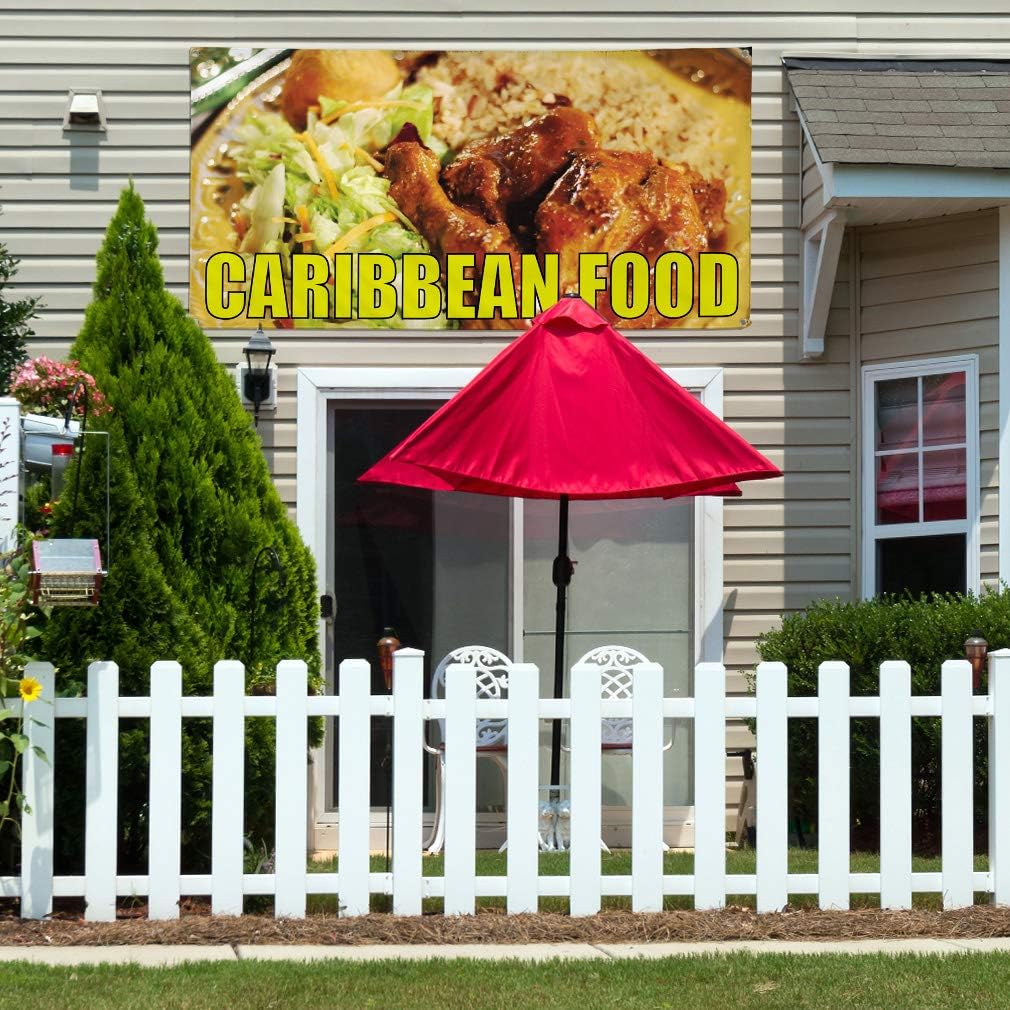 Vinyl Banner Multiple Sizes Caribbean Food Outdoor Advertising Printing Restaurant & Food Outdoor Weatherproof Industrial Yard Signs Yellow 4 Grommets 16x40Inches