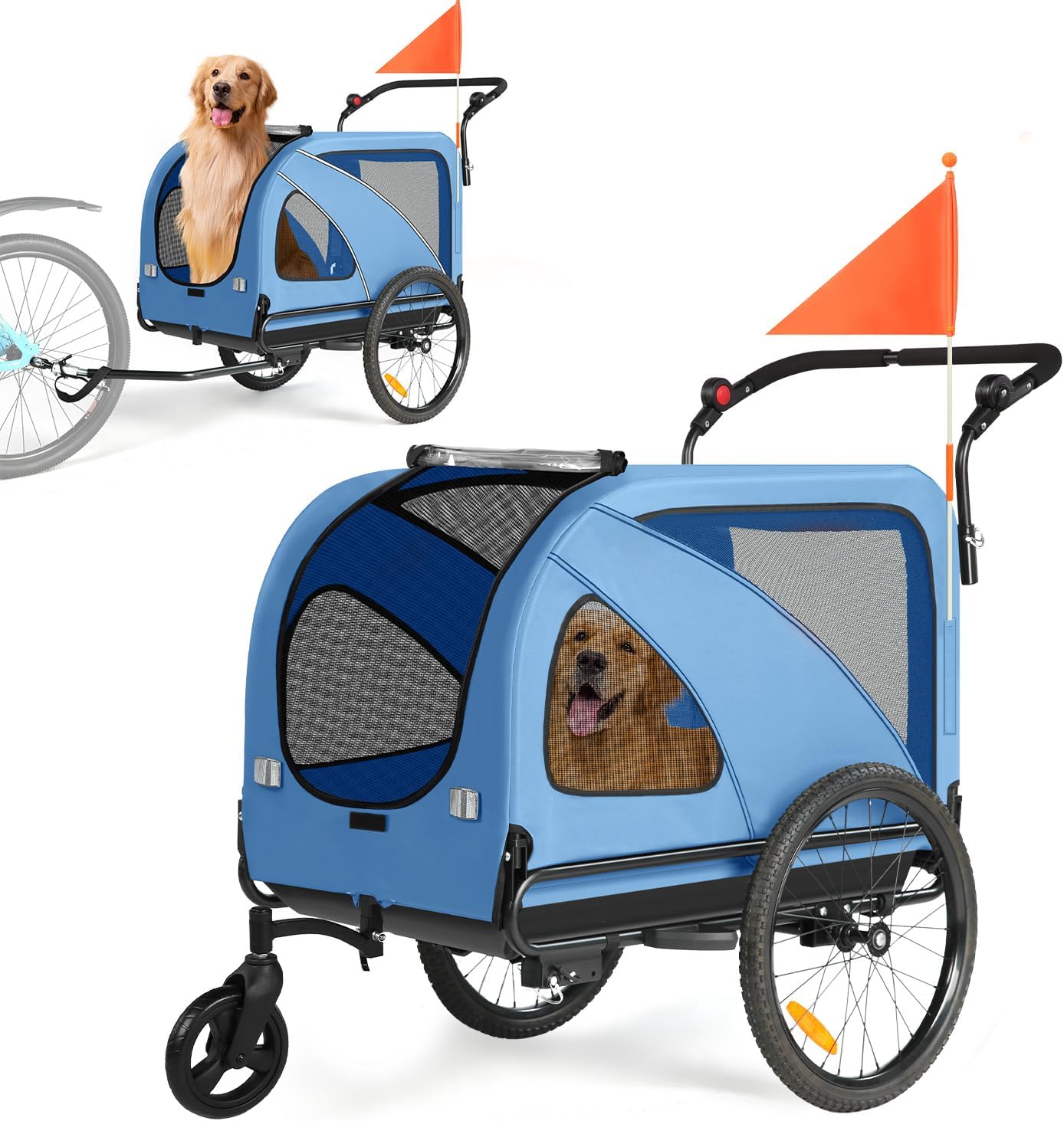 Sepnine Dog Bike Trailer, Supports up to 110 lbs, 2-in-1 Pet Stroller Cart Bicycle Carrier, Easy Folding Cart Frame with Quick Release Wheels, Universal Bicycle Coupler, Non-Slip Floor, Internal Leash