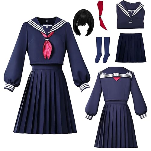 FUOOEWQ Ladies' Blue Silent Hill JK Dress Uniform, Dress with Bow Tie, Halloween Full Set Costume - Blue+wig - Small
