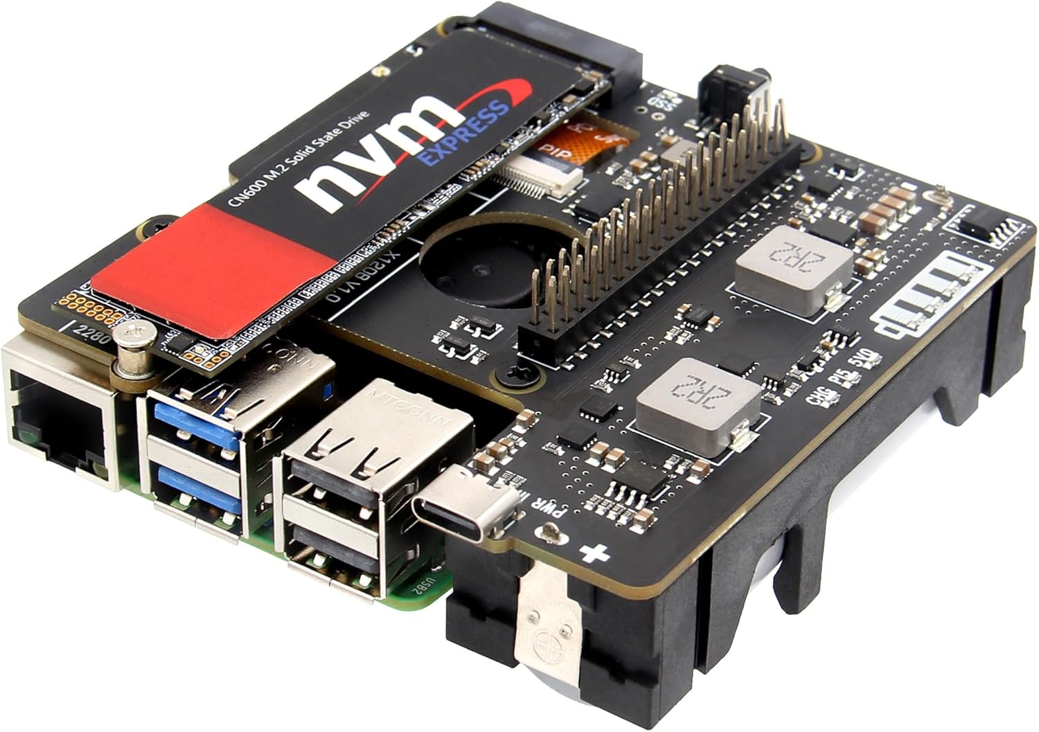 Geekworm X1208 UPS HAT with M.2 NVMe SSD HAT+ for Raspberry Pi 5 (2/4/8/16GB) Max 5.1V 5A Output Support 2230/2242/2280 SSD