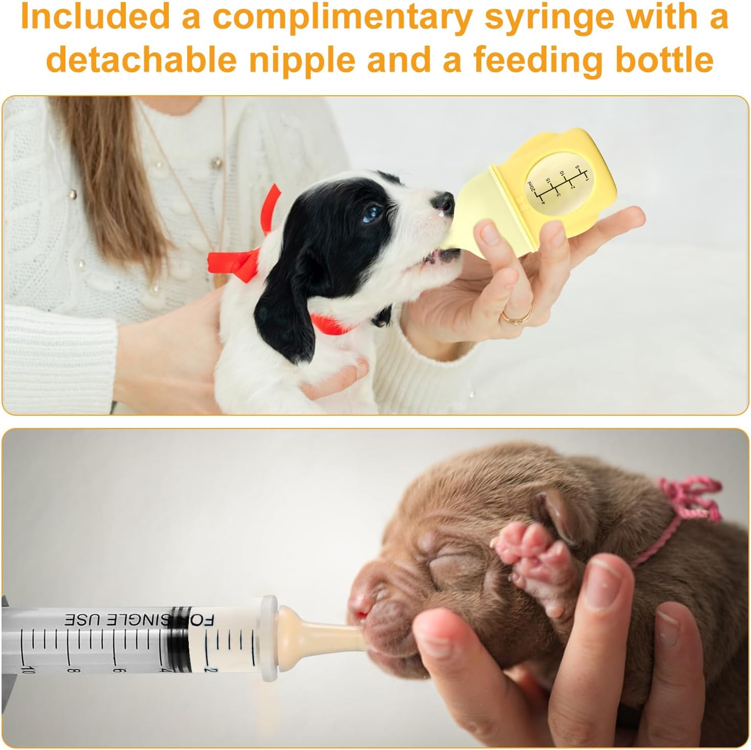 Puppy Milk Feeder,Dispenser Food Grade Silicone with 4 Dummy Nipples 230ml Capacity,Leak Proof Ideal Height Strong Suction,Puppy Milk Feeding Station for Newborn Dogs(Orange)