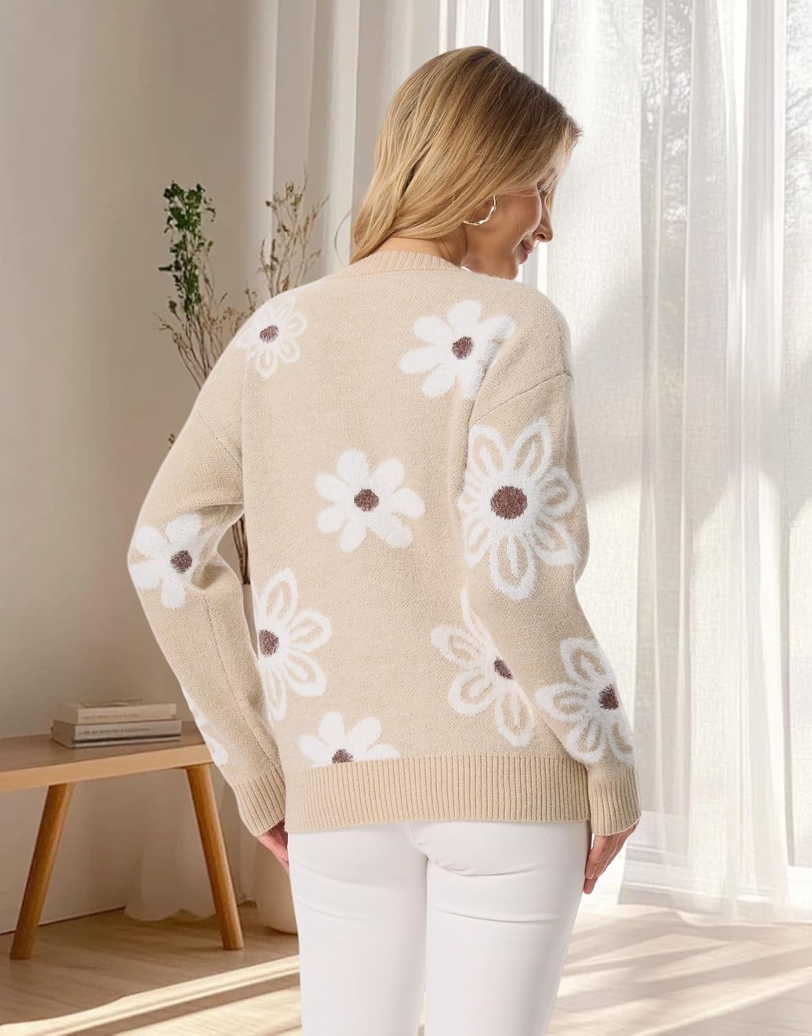 Womens Long Sleeve Floral Graphic Sweaters, Crewneck Ribbed Knit Pullover Tops Loose Fit Trendy Casual Outfits - Image 2