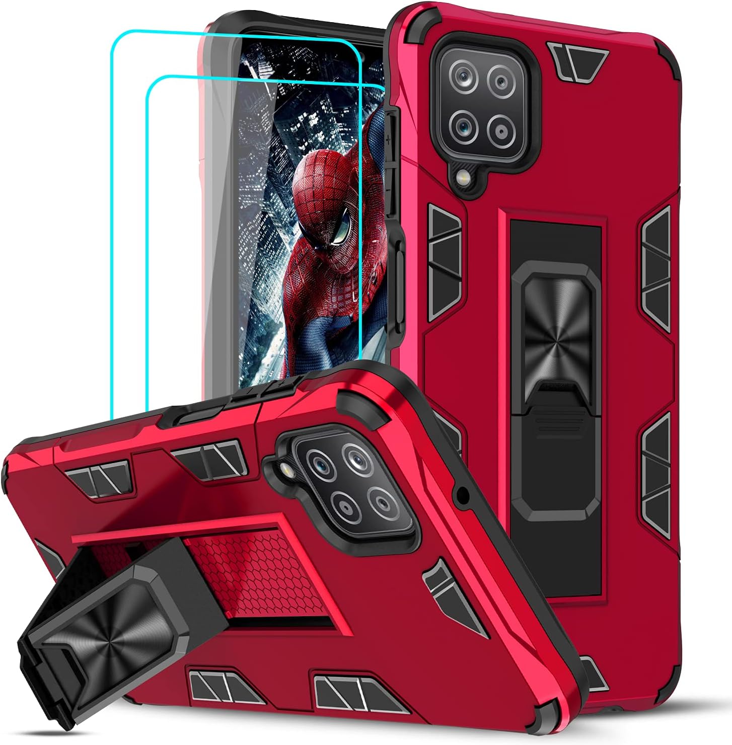 LeYi Samsung Galaxy A12 Case, Samsung A12 Case with 2 Tempered Glass Screen Protector for Women Men, Military-Grade Shockproof Built-in Kickstand Car Mount Protective Phone Cover Case for A12 5G, Red