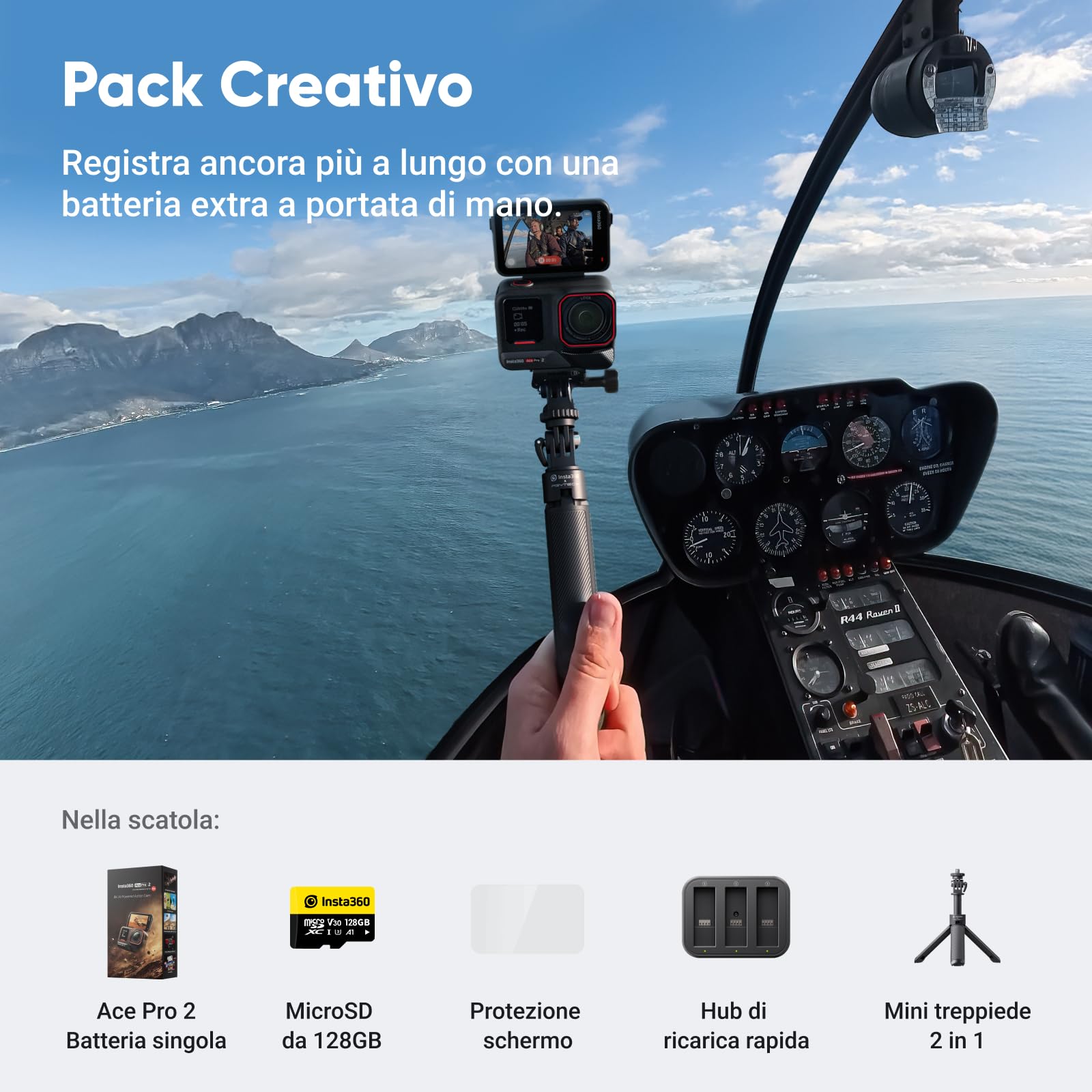 Insta360 Ace Pro 2 Pack Creatori - Action Cam Impermeabile in 8K co-ingegnerizzata con Leica, sensore 1/1.3", doppio chip IA, superba in bassa luce, audio superiore.
