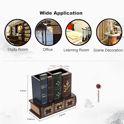 Miniatura 4 de Soporte de madera para bolígrafo con forma de libro de biblioteca, soporte de madera para lápices con cajón de almacenamiento inferior, organizador