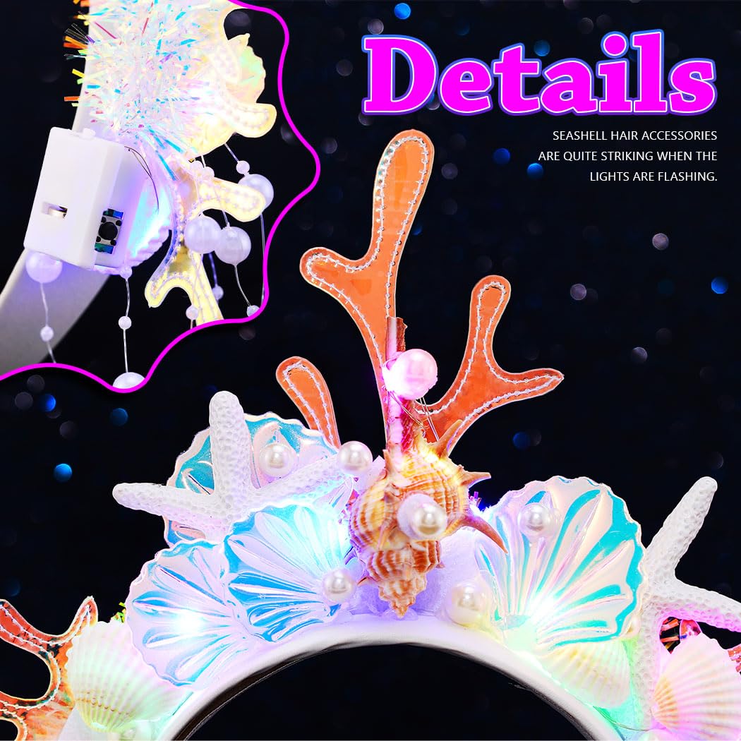 Handcess Light Up Mermaid Costume Headband Led Starfish Headpiece Glow Fairy Headbands Glowing Shell Coral Hair Accessories For Women - Image 3