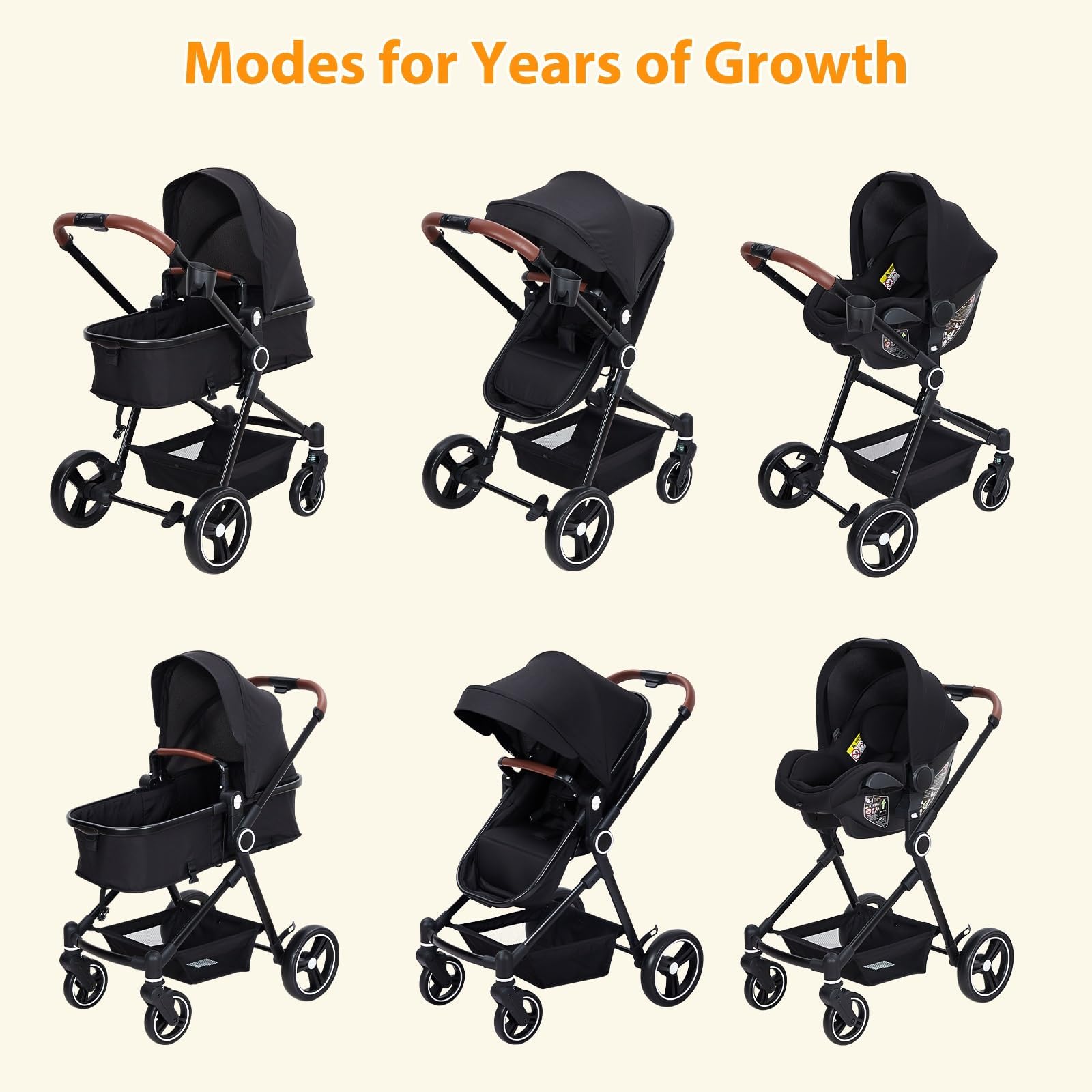 Poussette 3 en 1 Compacte avec Nacelle, Cosy et Siège Sport – Ensemble Évolutif de Naissance à 26 kg – Châssis Léger, Pliable pour Voyage en Cabine – Confort Tout Terrain, Noir