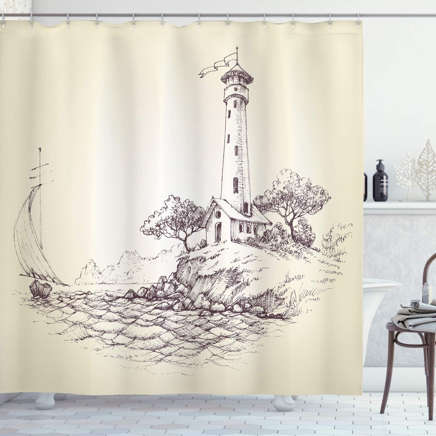 Ambesonne Sketchy Shower Curtain, Lighthouse Over Cliff and Sailboat in Ocean Idyllic Voyage Seascape Coastal Theme, Cloth Fabric Bathroom Decor Set with Hooks, 69" W x 75" L, Brown Beige
