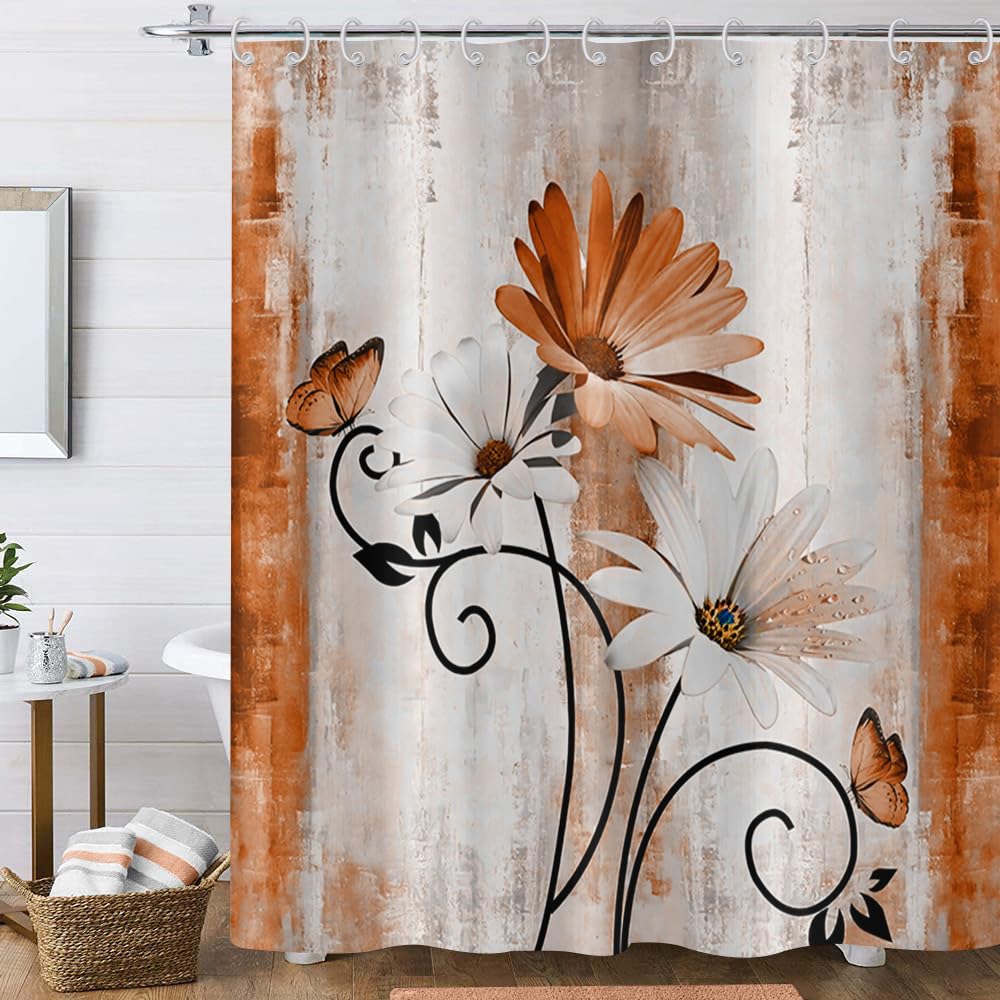 Hnmdmyi Farmhouse Floral Shower Curtain 200x180, Rustic Orange Daisy Flowers and Butterfly on Country Wooden Board Bathroom Curtains Waterproof Polyester Fabric Washable Bath Curtains with Hooks