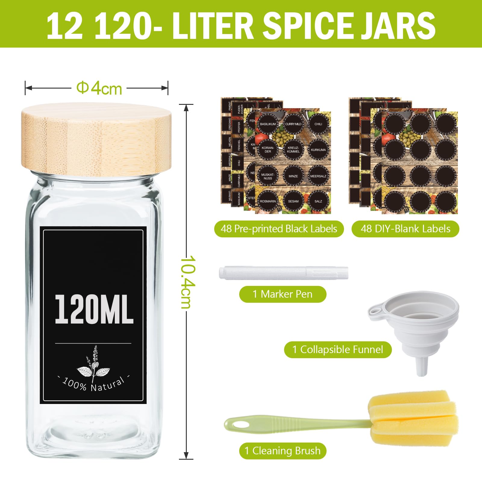 Gewürzgläser Eckig 12er Set 120ml, Gewürzdosen mit Streueinsatz, luftdichtem Schraubdeckel, Inkl. Trichter, Etiketten, Marker & Reinigungsbürste, Gewürzbehälter Glas für Küche & Schublade, HolzDeckel