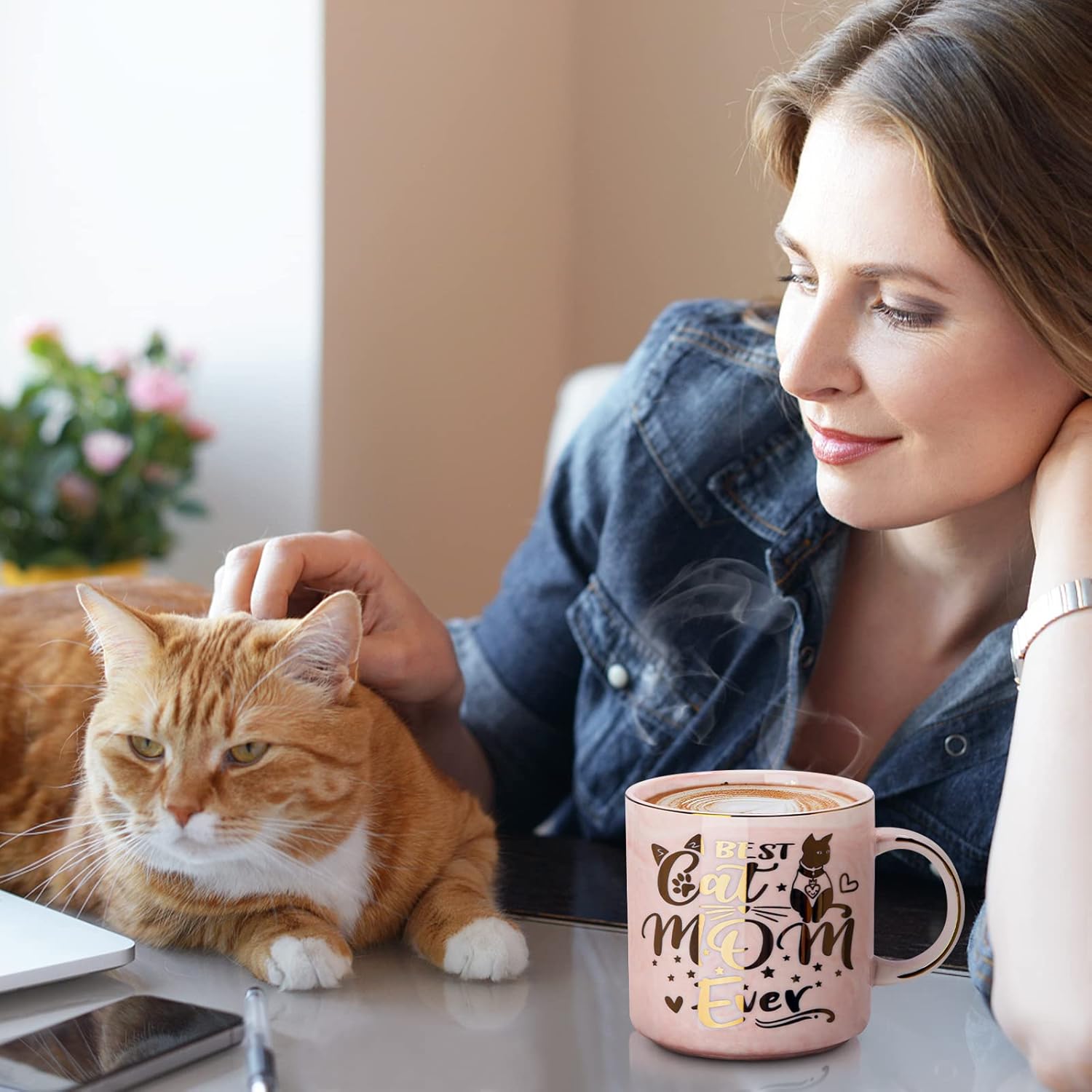 Cat Mom Gifts for Women, Cat Gifts for Cat Lovers - Best Cat Mom Ever - 14oz Pink Ceramic Marble Gold Pattern Coffee Mug with Gift Box, Christmas gifts for Crazy Cat Lady, Mom Wife Daughter Friends - Image 5