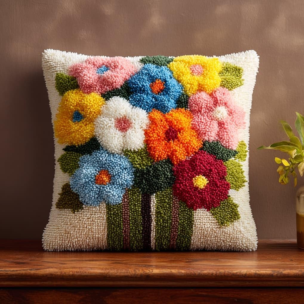 WallustrioaW Latch Hook Cushion kit,Colorful Flowers,DIY Rug Cushion kit - Latch Hook Pillow for Beginners - Christmas Craft Activity,17x17in