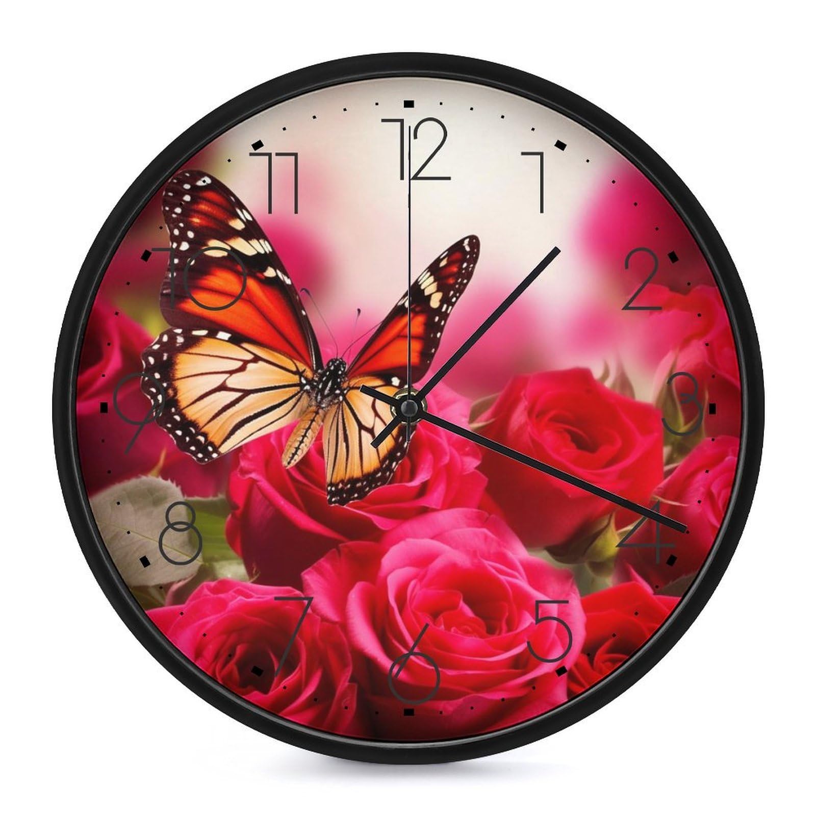 Horloge murale silencieuse à piles avec roses décoratives pour chambre