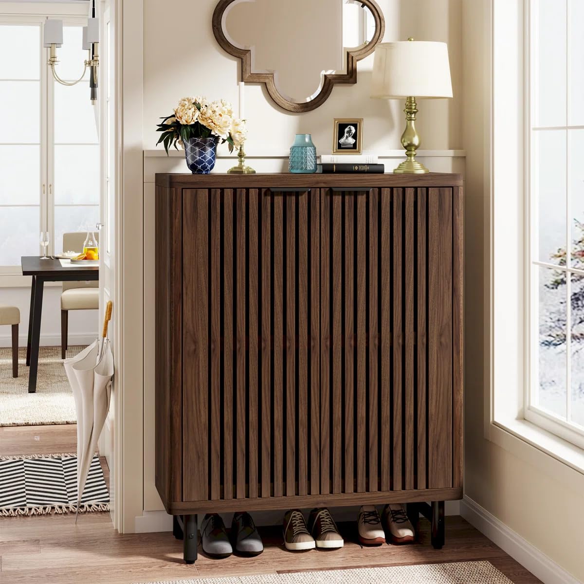 Streem 6-Tier Shoe Cabinet with Shutter Doors, Wooden Shoe Storage Cabinet with Shelves, Farmhouse Free-Standing Shoe Organizer for Entryway, Hallway (Dark Walnut)-image-23