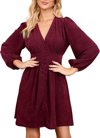 EZAPINE Women Corduroy Dress Long Sleeve A-Line Mini Dresses for Women