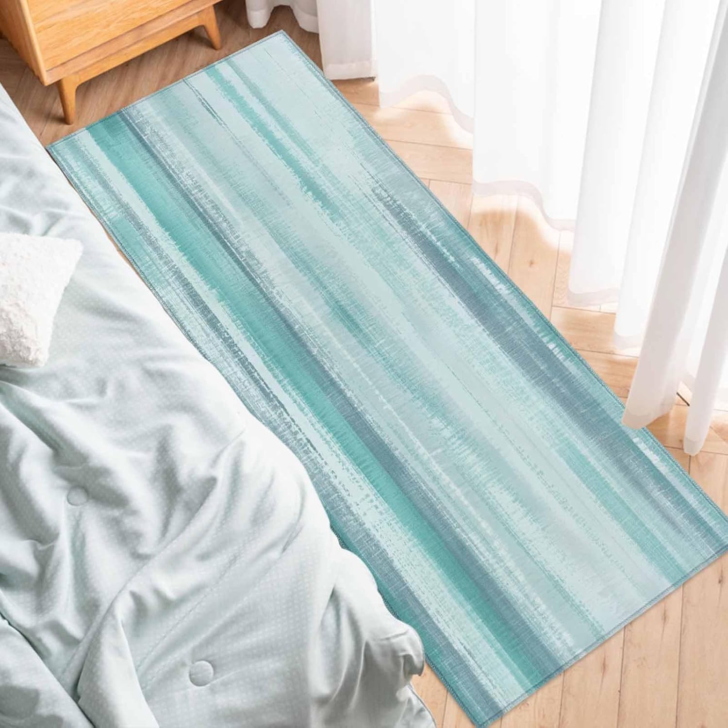 Teamery Kitchen Mats for Floor Abstract Teal White Ocean Waves Washable Non Slip Kitchen Rugs 1PCS, Modern Minimalist Art Absorbent Standing Mats for Sink Bathroom Office Living Room 23.6x70.9in
