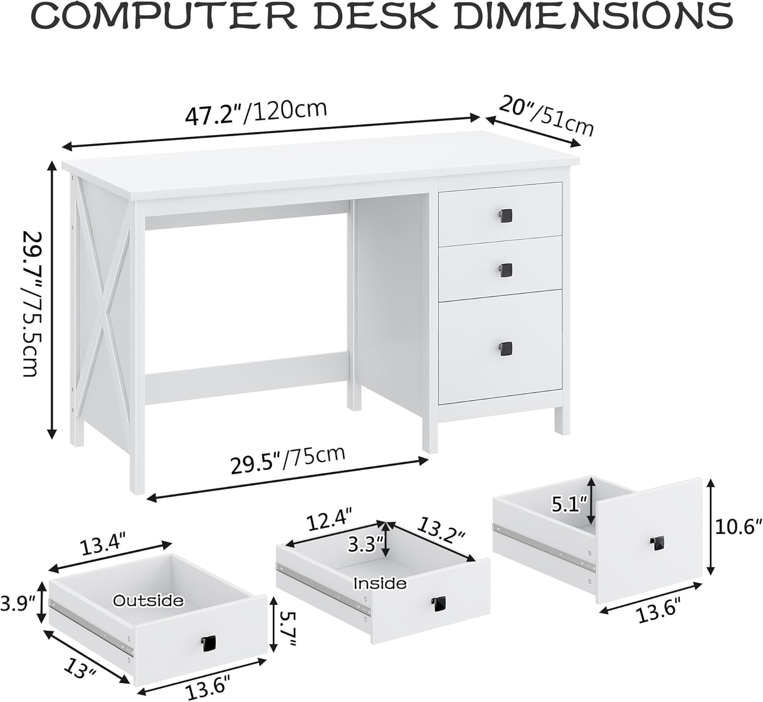 JSB 47.2'' White Computer Desk for Home Office,Farmhouse Executive Desk with 3 File Drawers,Study Writing Table Storage Cabinet,Makeup Vanity Desk for Bedroom (White, 47.2in)