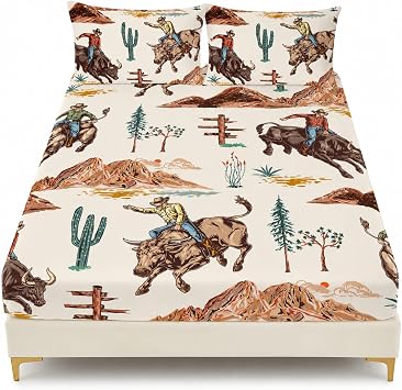AILONEN Western Cowboy Horse Bed Sheet Set for Girls,Boys, Full Size,Farmhouse Style Fitted Sheet Set for Gift,Tropical Cactus Plants 3Pcs Bedding Set for All Season,1 Sheet Set+ 2 Pilloowcases