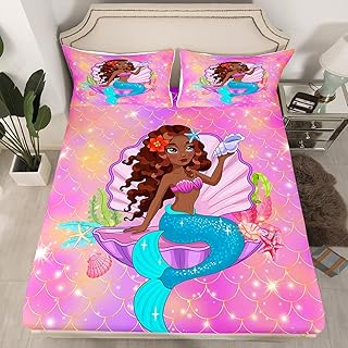 Erosebridal Kawaii Black Girl Twin Sheets Cute Mermaid Bed Sheets for Girls, Marine Ocean Fitted Sheet Glitter Stars Bed Set, Girly Princess Bedding Set Breathable 2 Pieces (No Top/Flat Sheet)