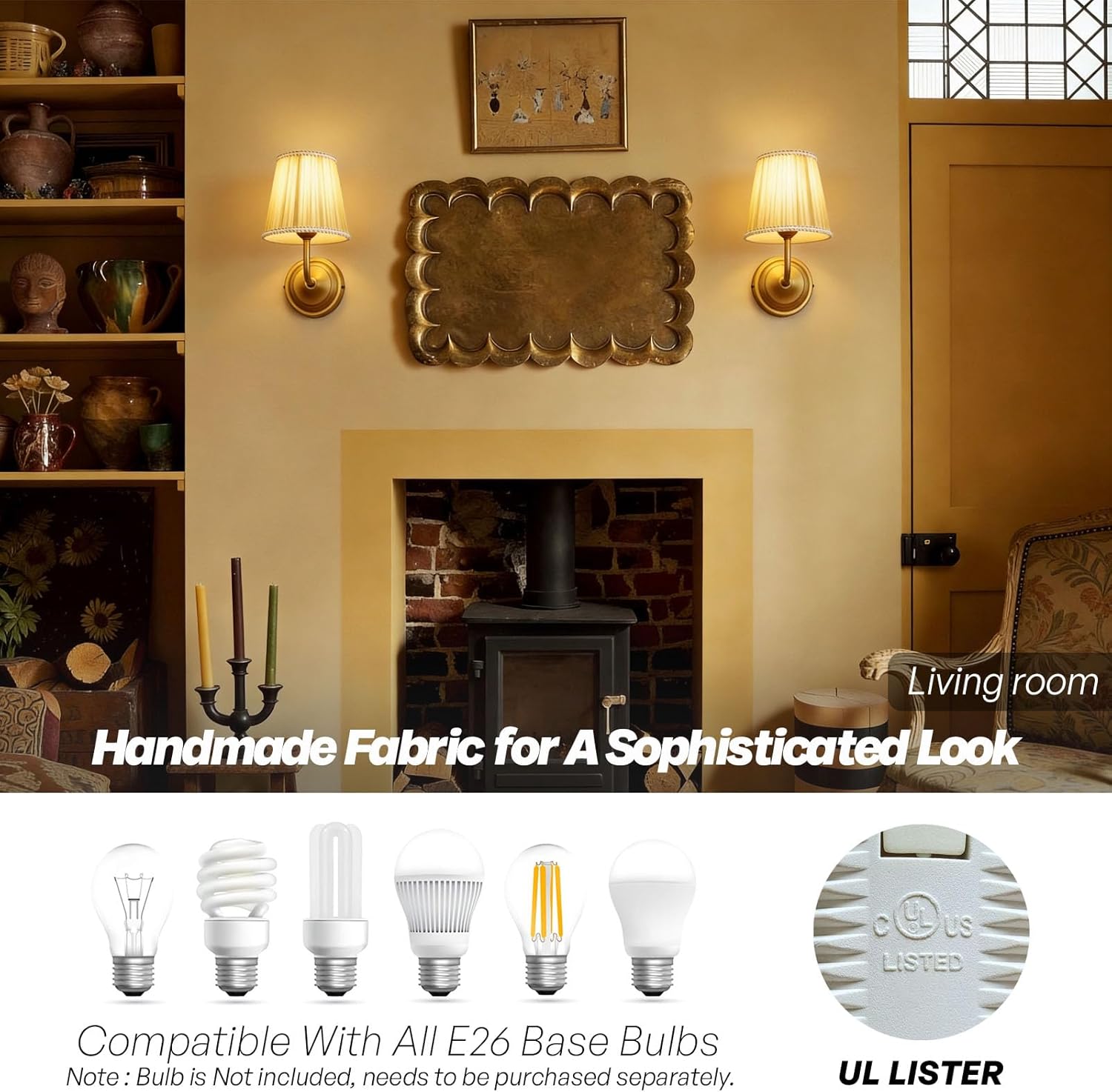 Vintage Fabric Wall Sconces Set of Two with Pleated Cloth Shades, Industrial Hardwired Wall Lamp Fixtures, Bathroom Sconces Wall Decor Set of 2 for Bedroom Living Room Hallway