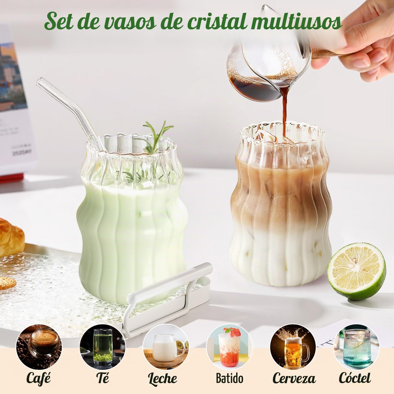 Juego de 4 Vasos de Cóctel, 500ML Tazas de Café de Cristal con Tapa y Pajita Reutilizable, Vasos de Jugo, Vasos Largos, para CóCteles/Whisky/Cerveza/Café Helado/Leche/Latte/Macchiato
