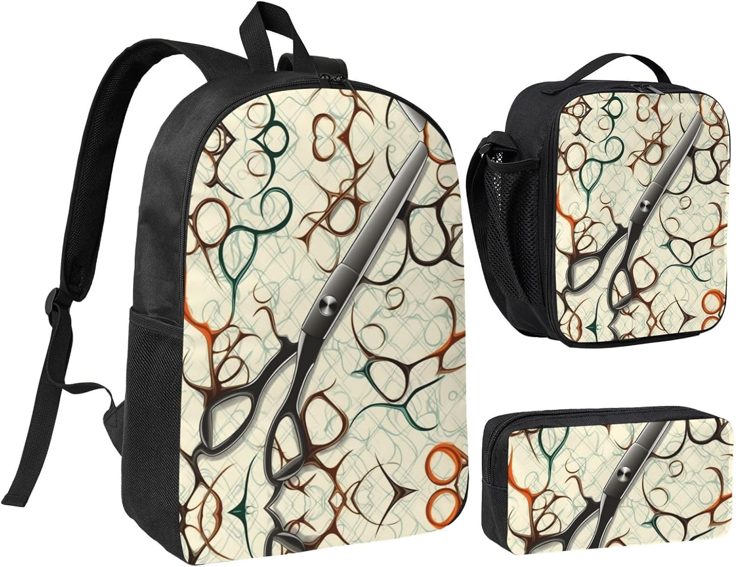 Scissors Hairdressing Tool Backpack Set 3 PCS - 17 Inch Laptop Backpack with Lunch Bag, Waterproof Daypack Insulated Lunch Box Large Capacity Coin Pouch Personalized Gift