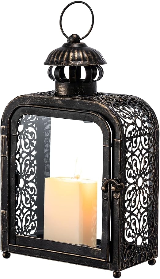 DECORKEY Candle Lantern Decorative Indoor & Outdoor, Vintage Metal Lanterns with Clear Glass, Tabletop&Hanging Candle Holders for Patio Front Porch Home Decor, Christmas Decorations (Bronze)