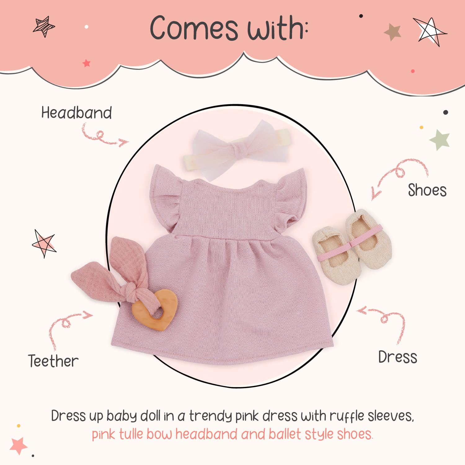 LullaBaby Ubranie dla lalek dla lalek 36 cm – różowa sukienka, opaska na czoło, smoczek i buty – akcesoria dla lalek – zabawka dla dzieci od 2 lat – różowa