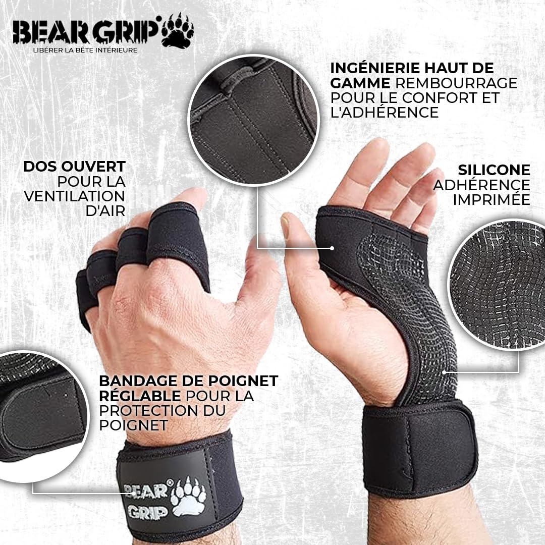 Bear Grip Gants d'entraînement Ouverts pour Crossfit, Musculation et haltérophilie, Gants de Gym rembourrés pour Hommes et Femmes – Accessoires de Fitness, Sport et haltérophilie