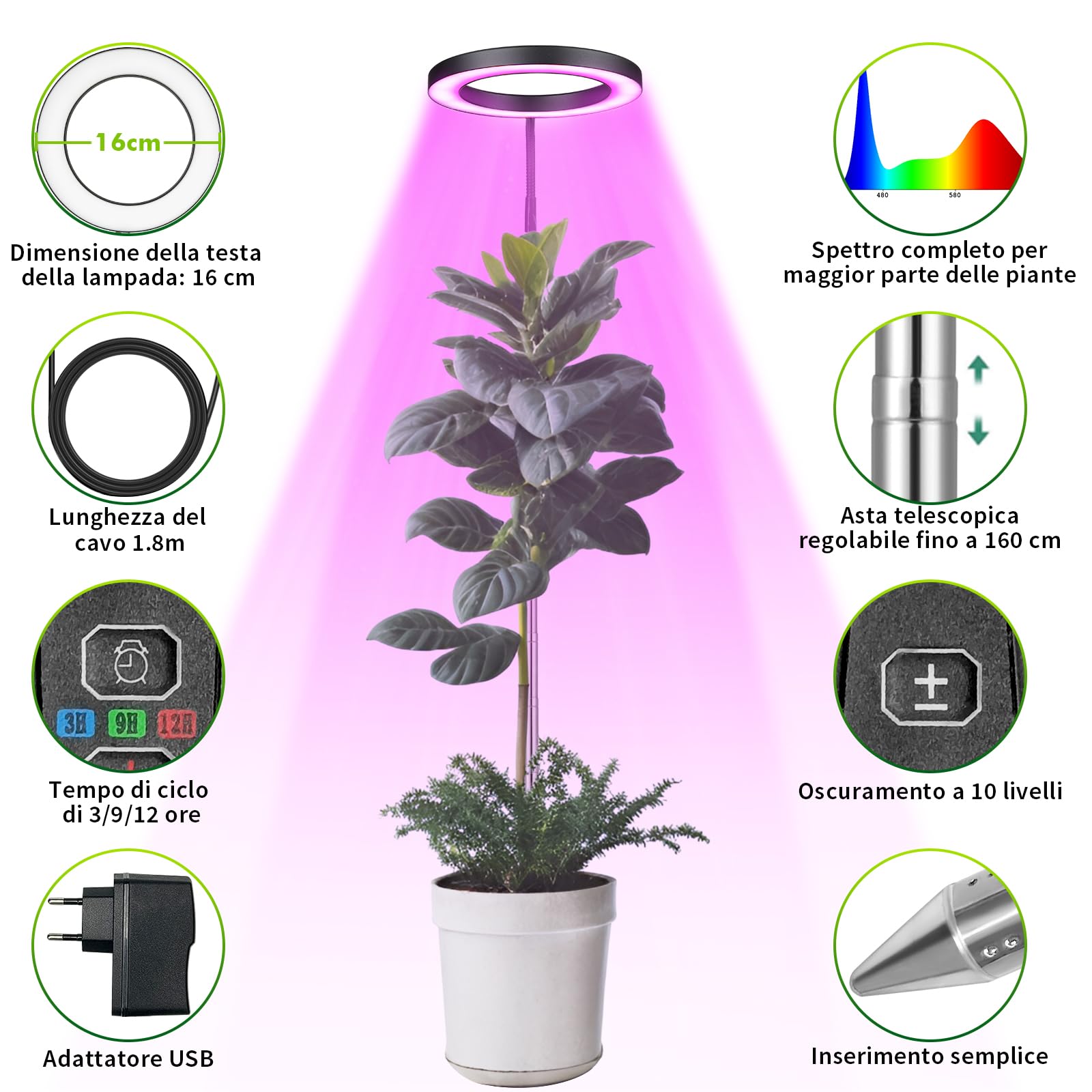 Lampada Per Piante, 72 LEDs Luce Di Coltivazione a Spettro Completo, Grandi 160cm Luce Per Piante Da Interno Regolabile in Altezza Con Timer 3/9/12H, Collo d'oca a 360°, 10 Luminosità, 3 Modalità