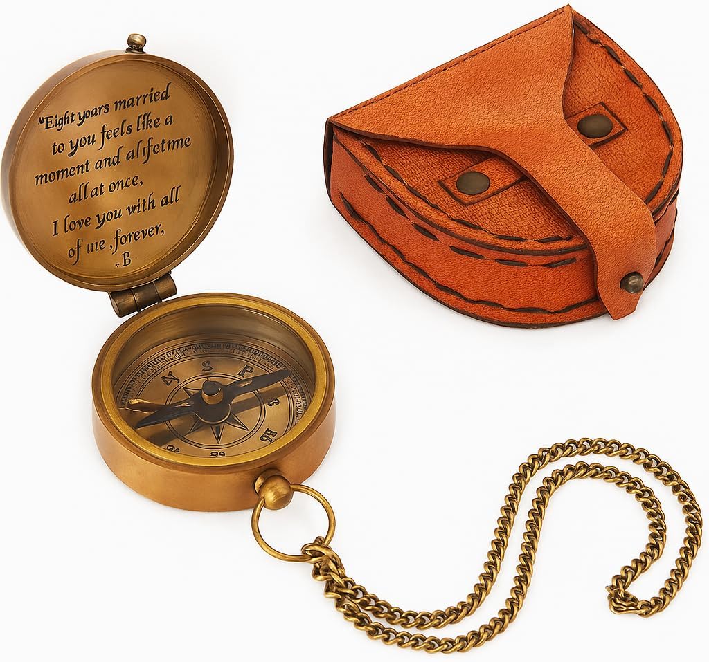 Personalized Brass Compass with Engraved Love Message | 8th for Husband or Wife | Custom Vintage Compass Gift for Couple with Leather Case