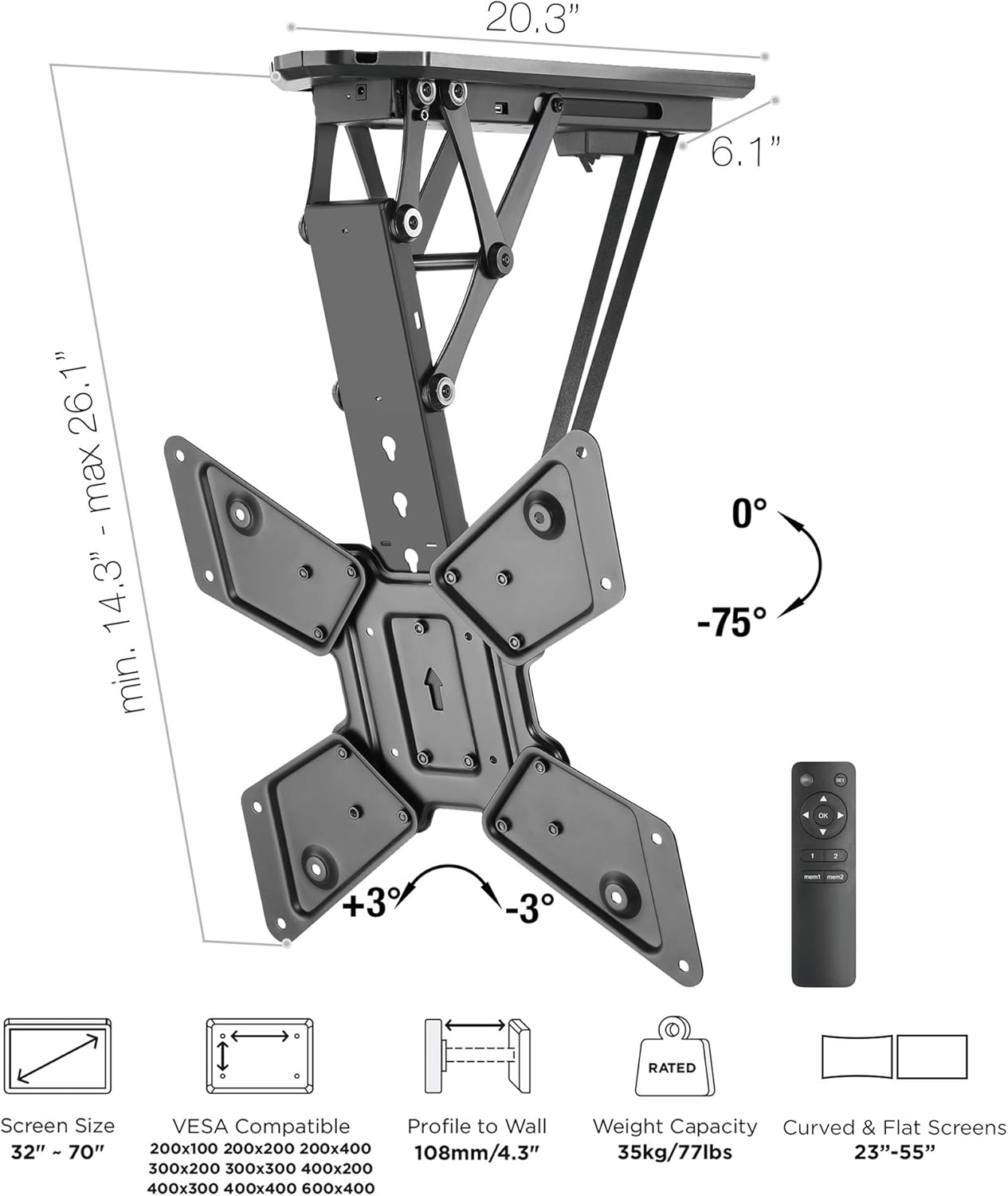 TechOrbits Electric Ceiling TV Mount - Indoor Outdoor for 23-55" TVs - Pull Down Electric TV Lift