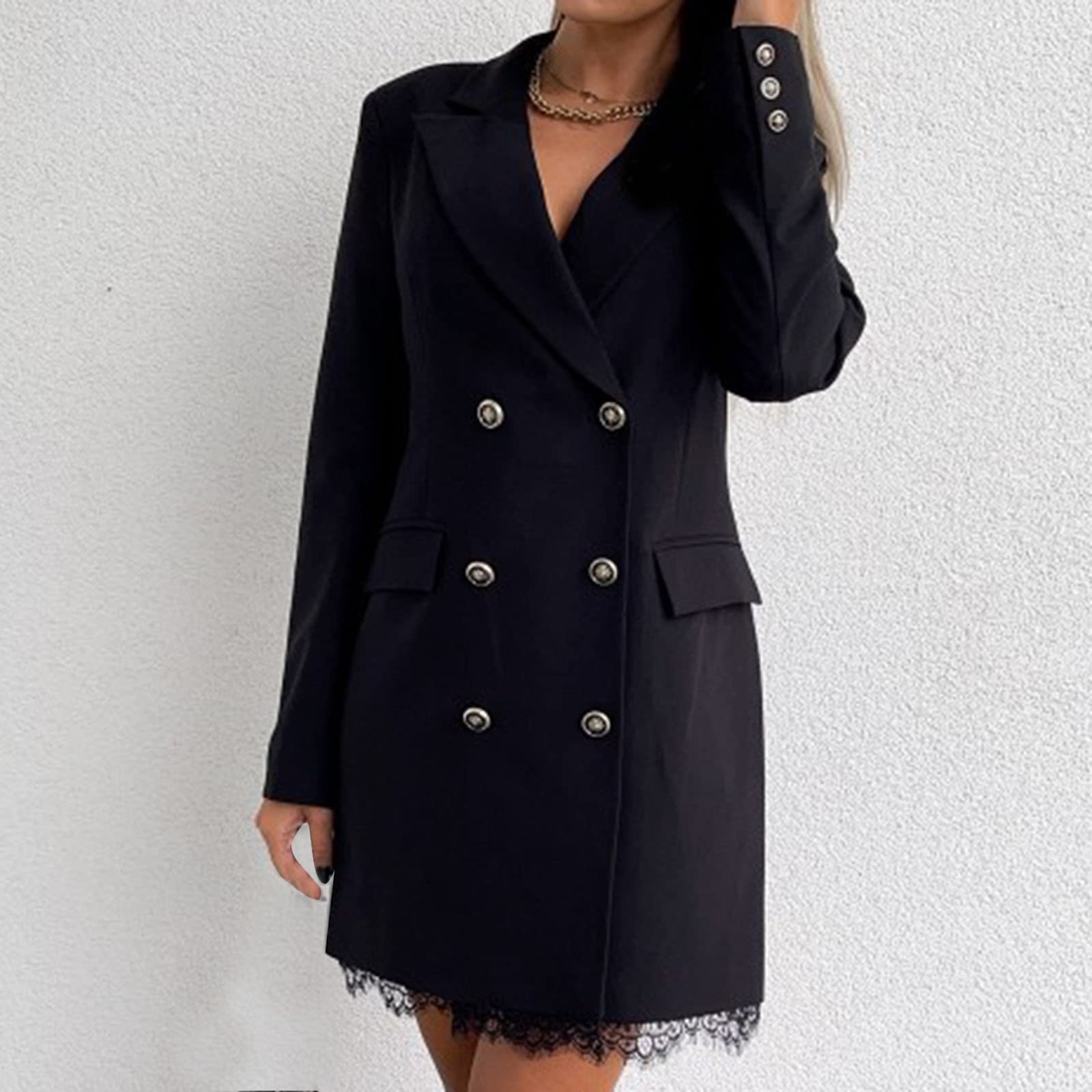 Damen Blazer Kleid Frauen Elegant Langarm V-Ausschnitt Zweireihig Solide Hemdkleid Business Lange Hülse Büro Jacken Knopf Anzug