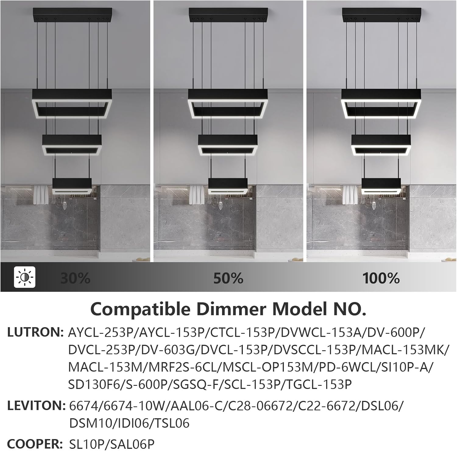 Modern LED Chandelier 3 Ring Dimmable Square Black Adjustable Pendant Ceiling Light Fixture for Foyer, Dining Room, Bedroom, Living Room