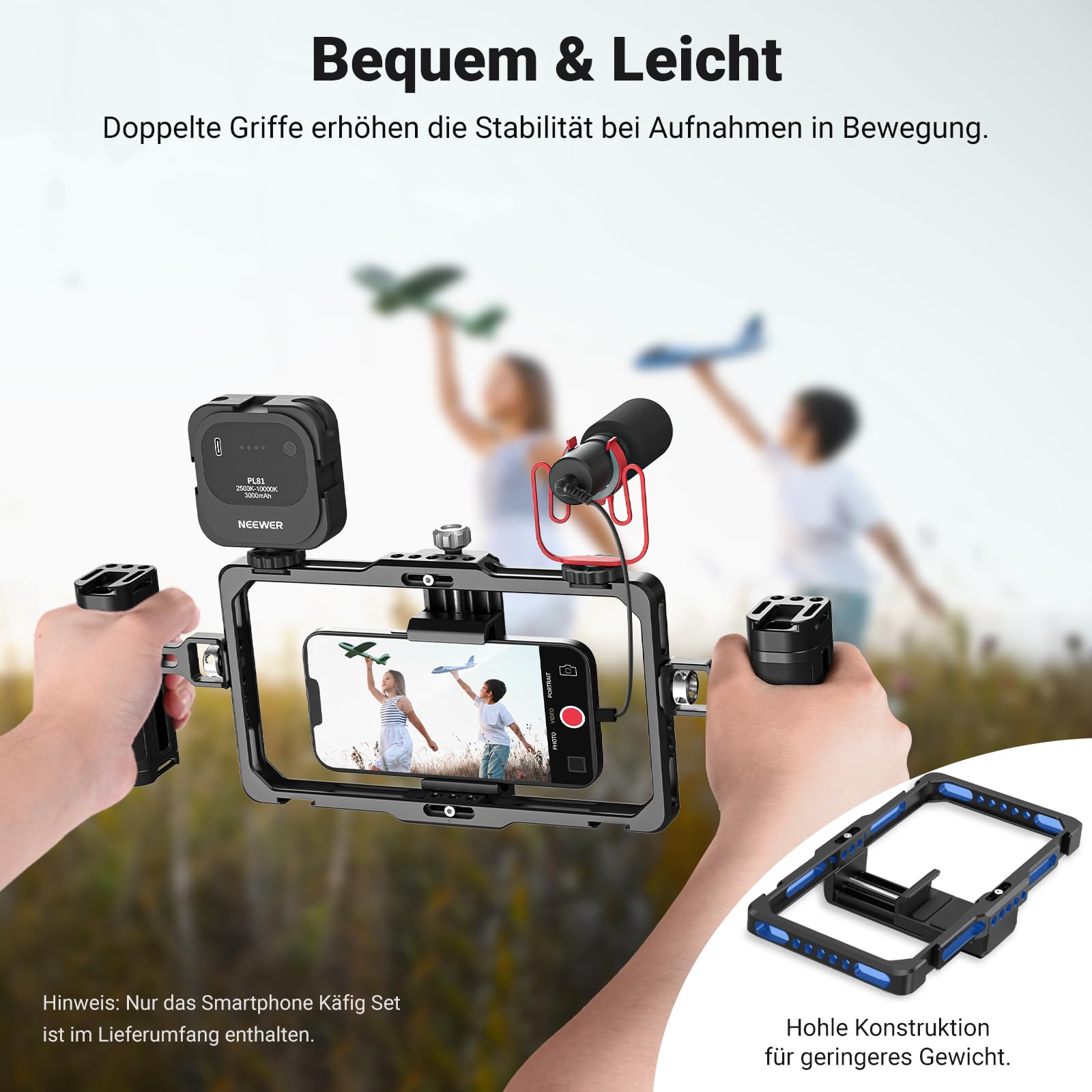NEEWER Verbessertes Smartphone Rig Vlogging Kit, Videostabilisator, kabelloser Mikrofonclip Steckplatz für TikTok YouTube, kompatibel mit SmallRig iPhone 17 Pro Max 16 16e 15 Galaxy S25 Ultra, PA009