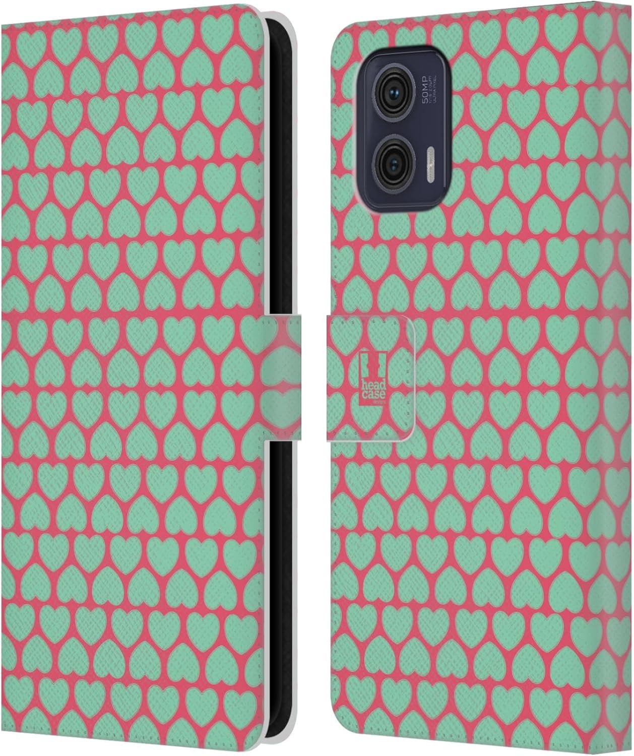 Head Case Designs Pink Bg Teal Heart Pattern Leather Book Wallet Case Cover Compatible with Motorola Moto G73 5G